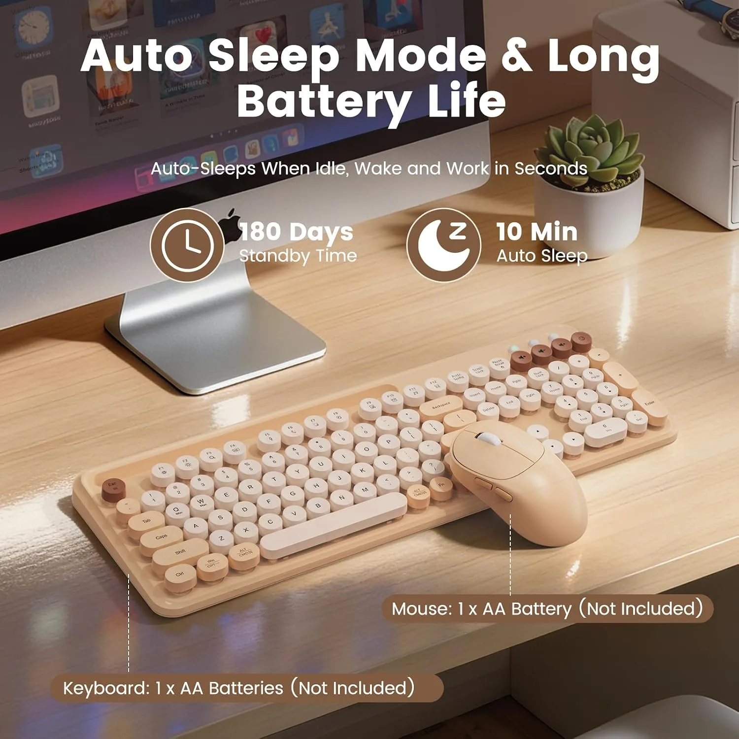 Wireless Keyboard and Mouse Combo, Round Keycap, Tablet Holder, Beige Color