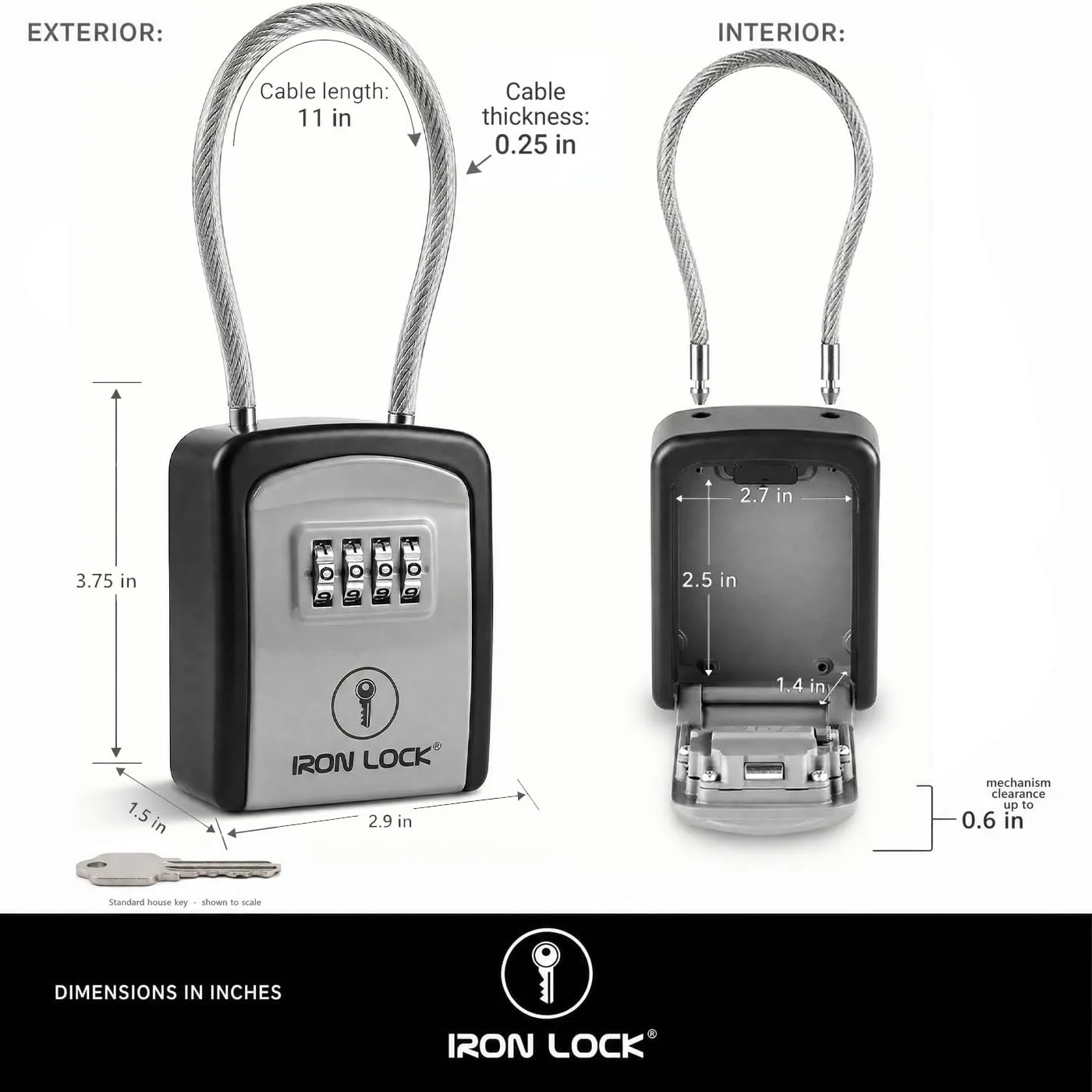 Iron Lock® Key Lock Box with Code, Portable Cable Shackle (Small, Grey)
