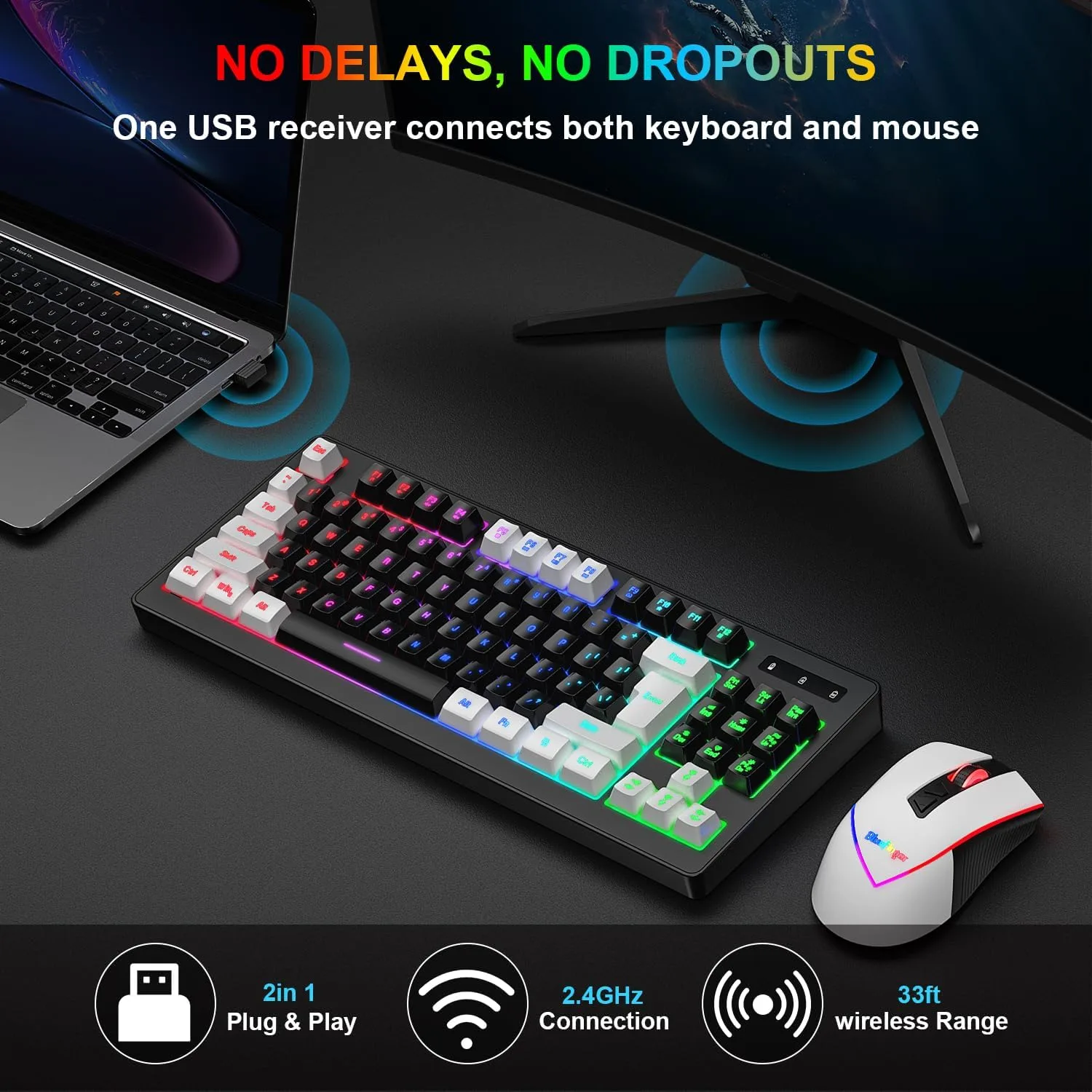 BlueFinger Wireless Gaming Keyboard and Mouse Combo, RGB Rainbow Backlit Rechargeable Battery, 87 Keys TKL Light Up Keyboard with Ergonomic Gaming Mouse for Mac Laptop Computer PC Gamer(White & Black)