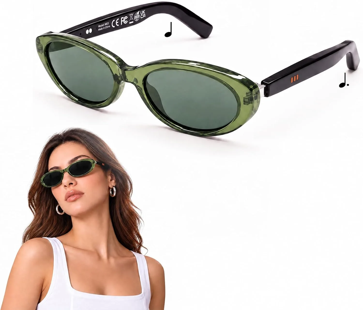 Bluetooth Audio Smart Glasses for Women Men, Polarized Bluetooth Sunglasses with Open Ear Speaker, Voice Control, Magnetic Charging, Green