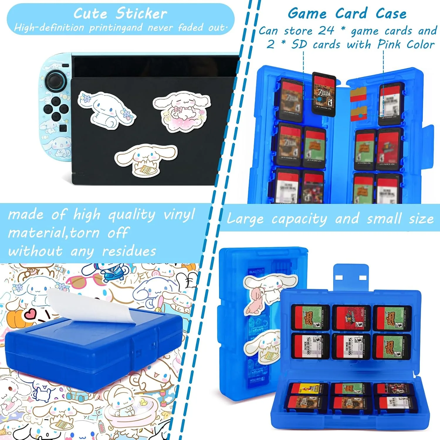 TIKOdirect Carrying Case for Switch 2, Cute Portable Bag Accessories with Soft Protective Case, Screen Protectors and Thumb Grip caps, Game Card Case 7in1, Blue