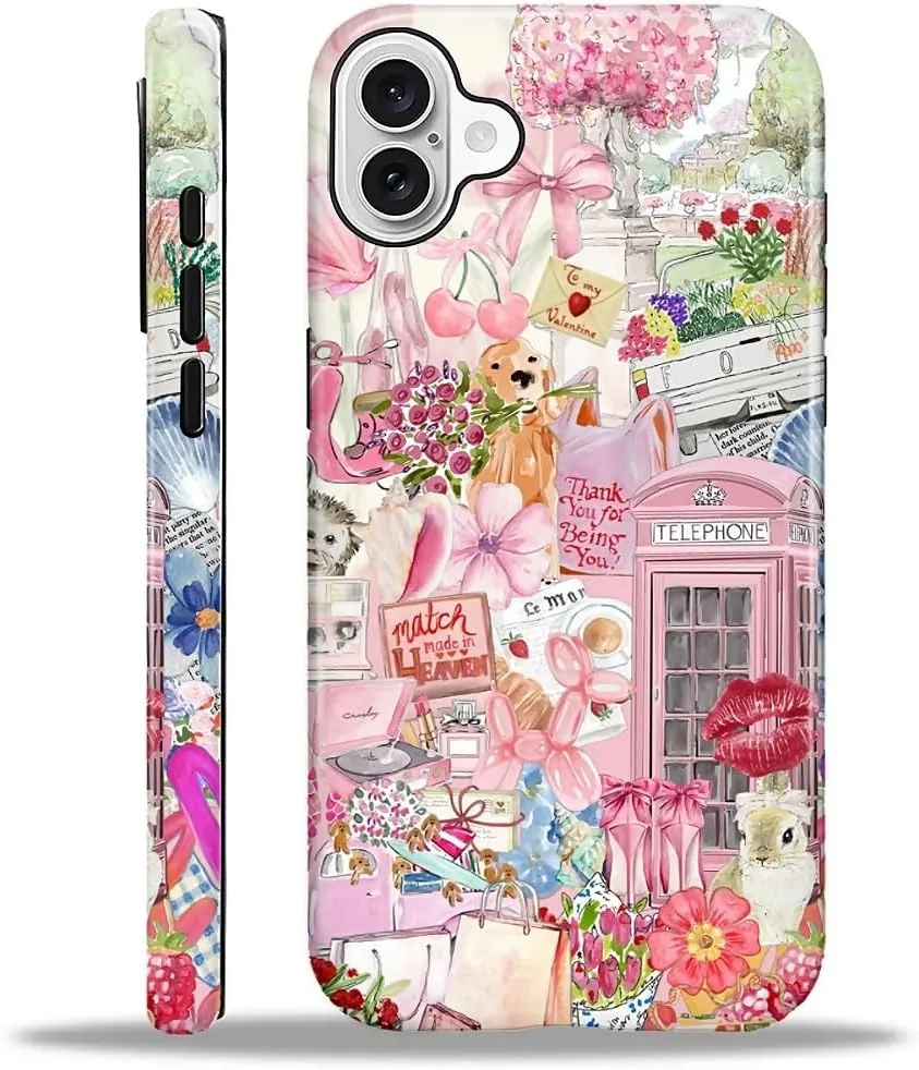 DAIZAG Case for iPhone 16,Mixed 2 Layer Design Shockproof Soft TPU Ddouble Protection Phone Case for iPhone 16-Cute Pink Animal Garden Collage
