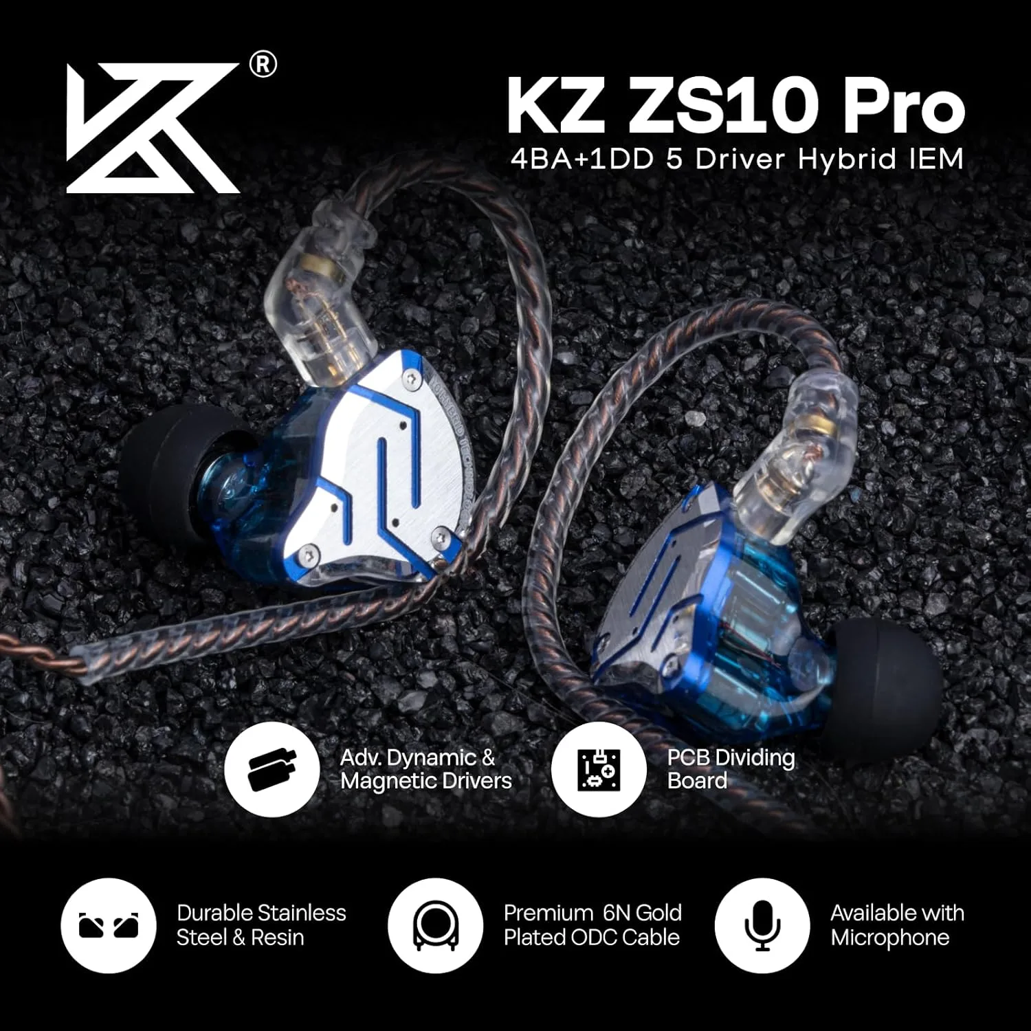 Linsoul KZ ZS10 Pro, 4BA+1DD 5 Driver in Ear Monitor, HiFi Wired Earbuds, Gaming Earbuds, Hybrid IEM Earphones with Stainless Steel Faceplate, Detachable Cable for Musician(Without Mic, Glare Blue)