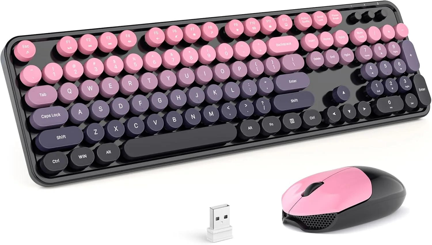 MOFII Wireless Keyboard and Mouse Combo, Full Size 2.4G Plug and Play Typewriter Retro Round Computer Keyboard and Mouse Set for Windows, Computer, Desktop, PC, Notebook - (Plum Pink Gradient)