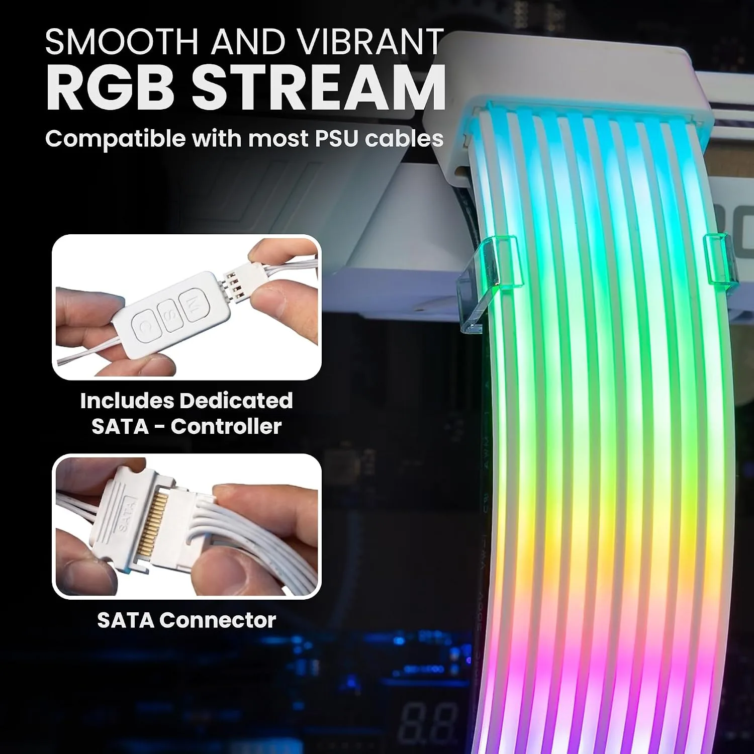 TECWARE Flex RGB Cable Cover Kit | Compatible with 2x8-Pin Motherboard with SATA Dongle | ARGB PSU Cable Extension with 5V 3-Pin Sync | RGB Lighting Kit for PC Cables | White
