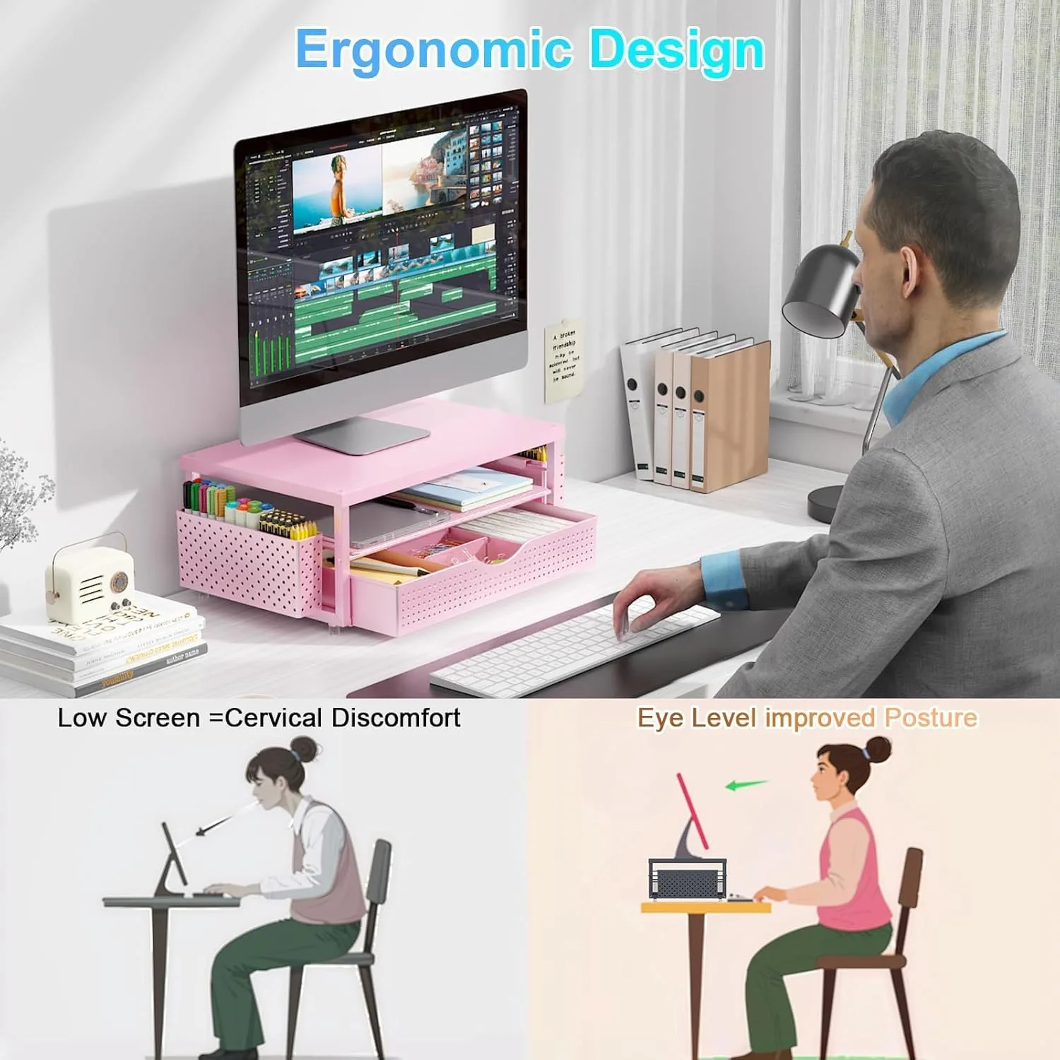 gianotter Monitor Stand with Drawer and 2 Pen Holders (Matte Pink)