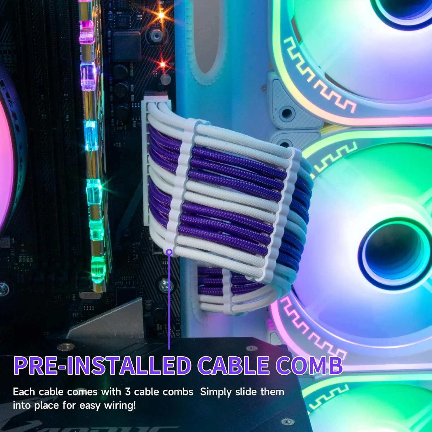 Sirlyr PSU Extension Cable Kit - Custom Sleeved Power Supply Mod for PC Build 16AWG 24Pin ATX/8 (4+4) Pin EPS CPU/8 (6+2) Pin PCI-E GPU PSU - White Purple 5 Kits