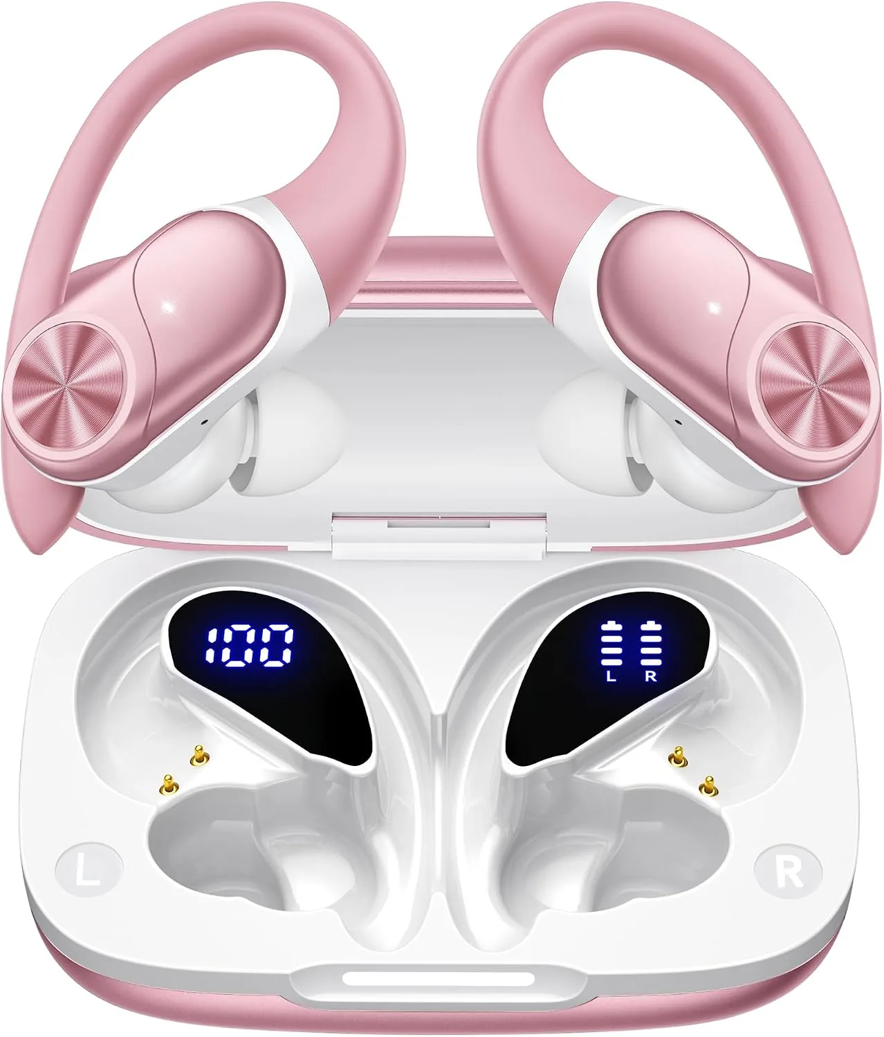 PocBuds Bluetooth Headphones Wireless Earbuds 80hrs Playtime Wireless Charging Case Digital Display Sport Ear Buds with Earhook Deep Bass IPX7 Waterproof Over-Ear Earphones for Phone Laptop Rose Gold