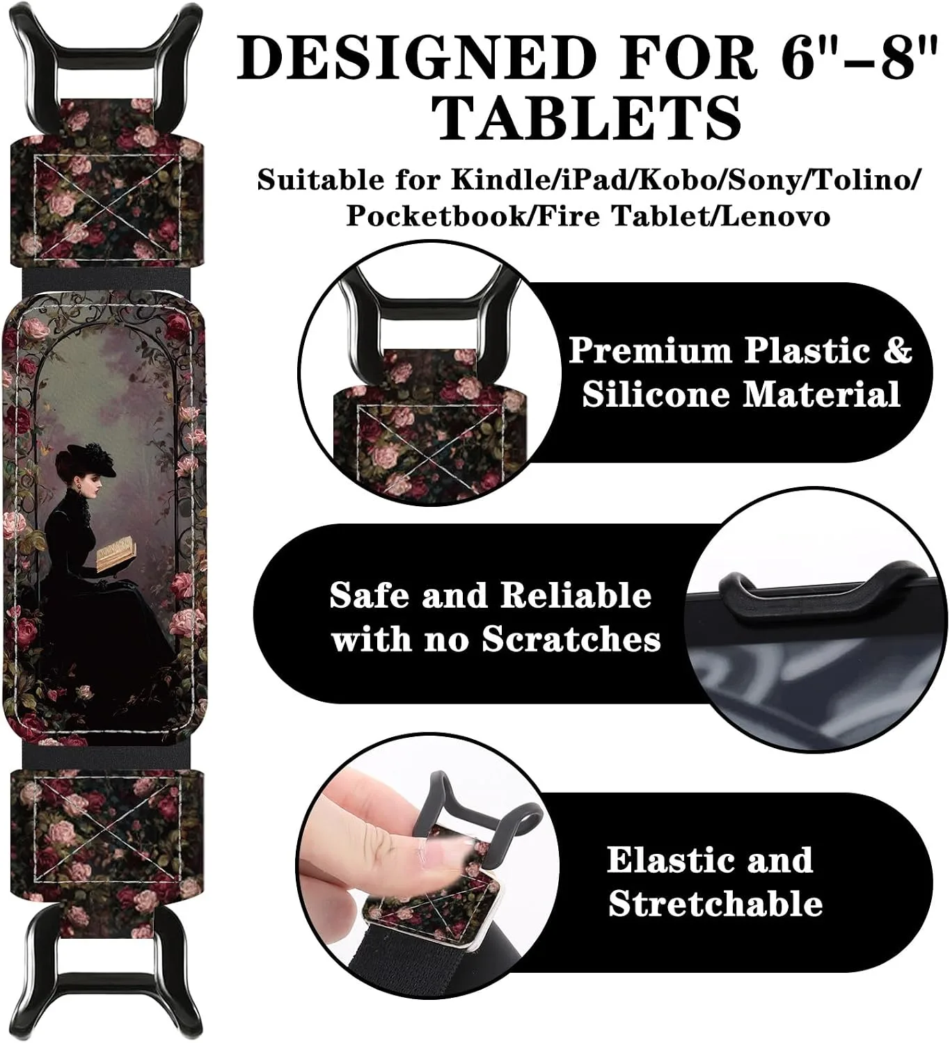 Hand Strap for Kindle, Dark Romance Gothic Rose