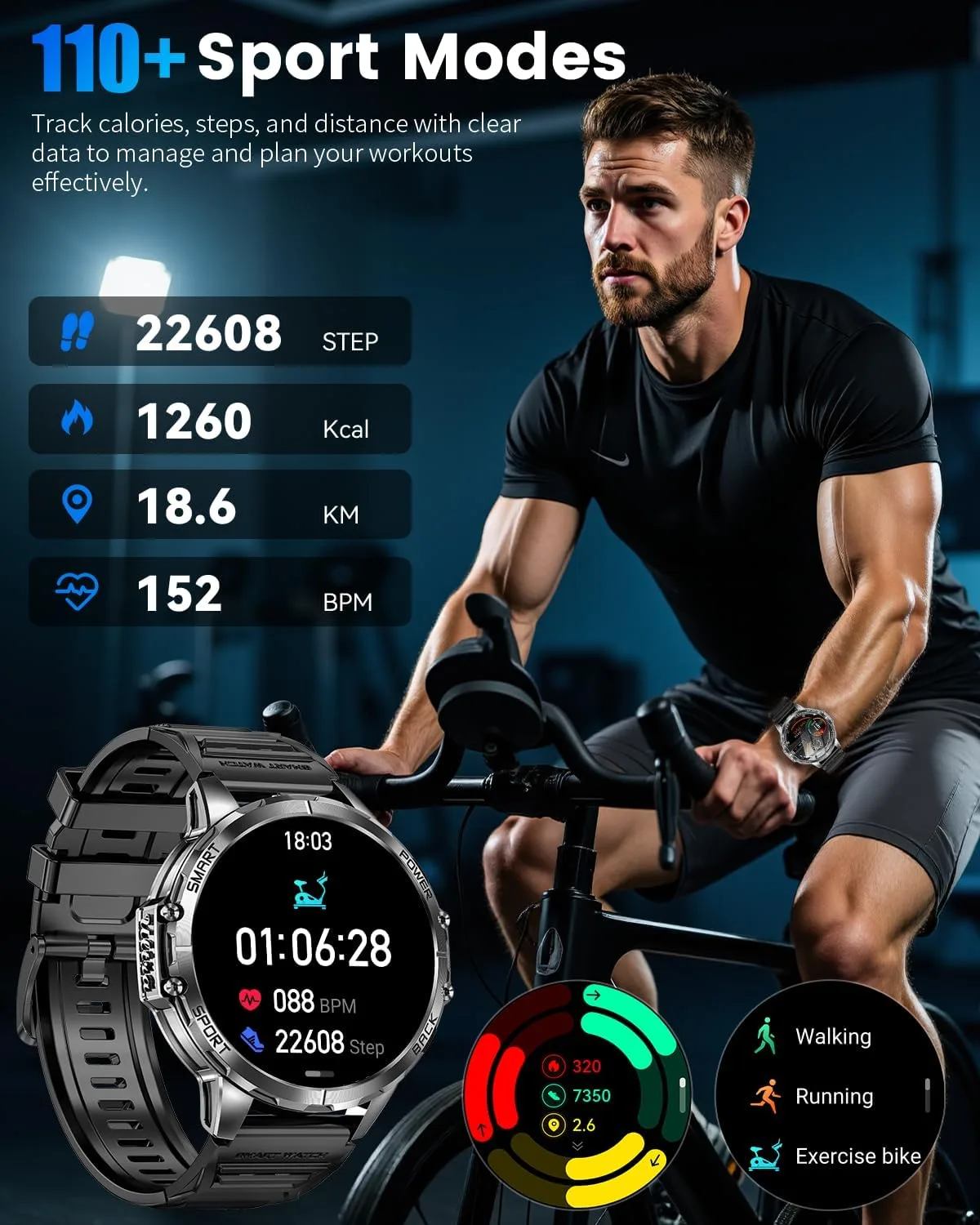 Military Smartwatch for Men, Top-Mounted Flashlight, 1200mAh Battery