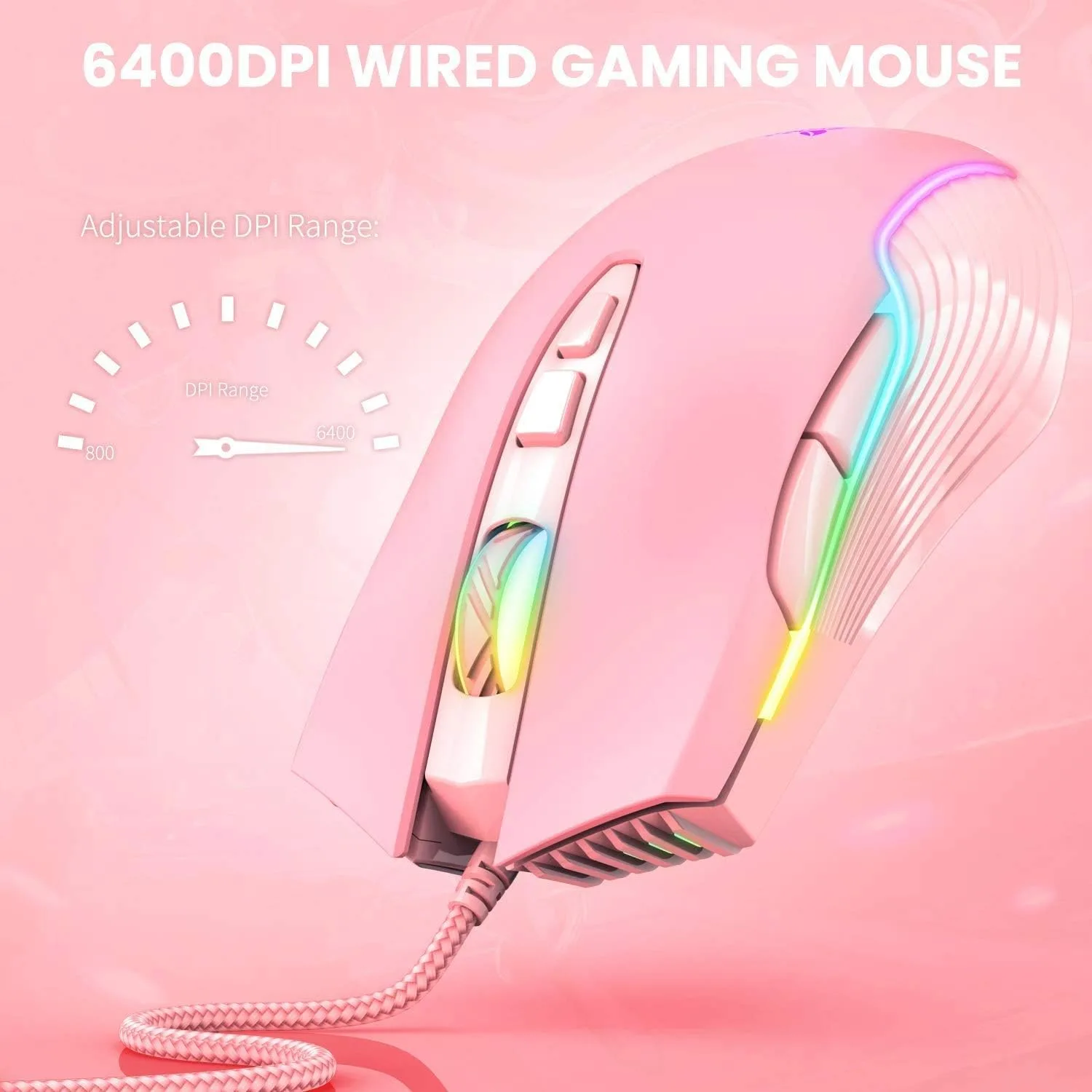 RGB Gaming Mouse Wired, 6400 DPI & 7 Buttons, Pink