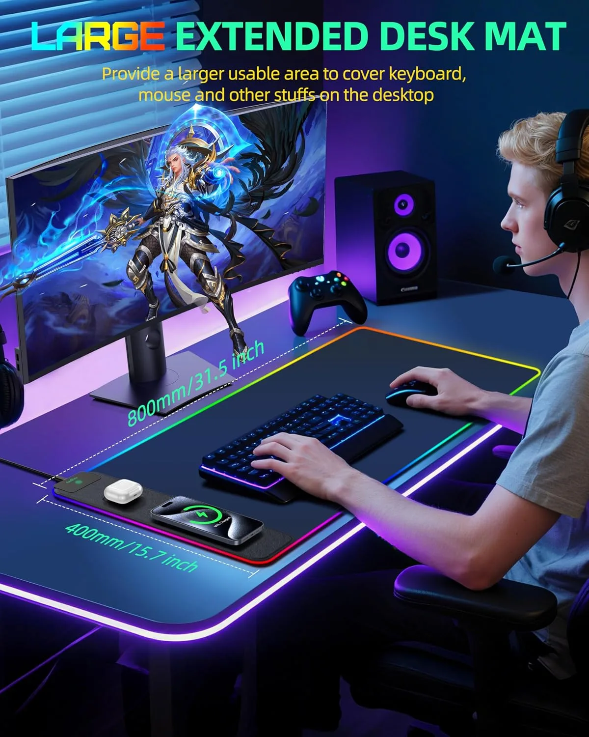 Mouse Pad with Wireless Charging, RGB Gaming Desk Mat, 31.5"x15.7"