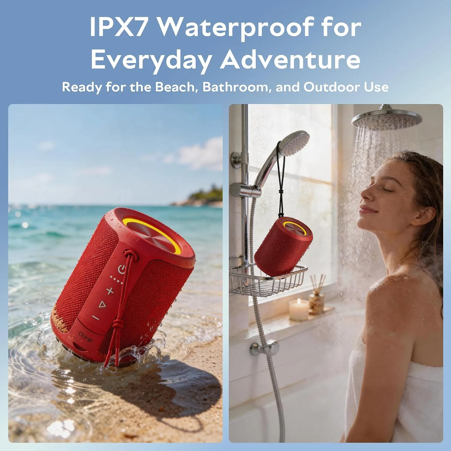 Portable Bluetooth Speaker, IPX7 Waterproof Wireless Speaker with 20W Loud Stereo Sound, 15H Playtime & Beat-Synced RGB Light, Small Outdoor Speaker for Shower, Pool, Beach,Hiking,Gifts(Red)