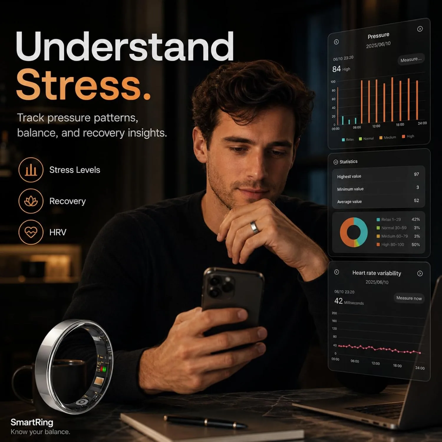 Smart Ring for Women Men, Fitness & Health Tracker with Heart Rate, Blood Oxygen, HRV, Stress, Sleep & Step Tracking, 5ATM Waterproof Smart Ring for iPhone & Android, No Subscription Fee