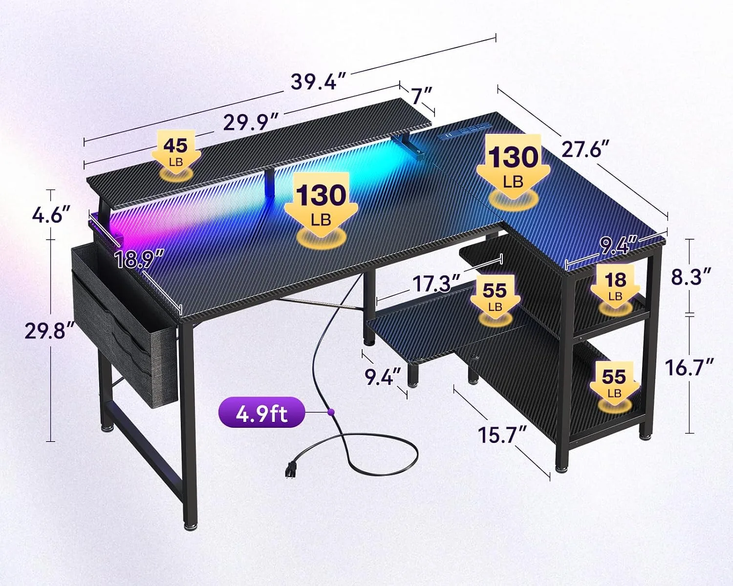 ODK 40 Inch L Shaped Gaming Desk with LED Lights, Power Outlets, Black