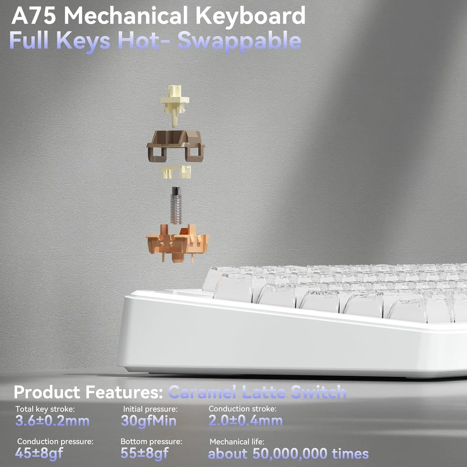 SOLAKAKA A75 Wireless Gaming Keyboard with Multifunction Knob, BT5.0/2.4GHz/USB-C, 75% Mechanical Keyboard, Hot-Swappable, Gasket Creamy Keyboard with RGB Backlit, Crystal Keycaps, for PC/Mac