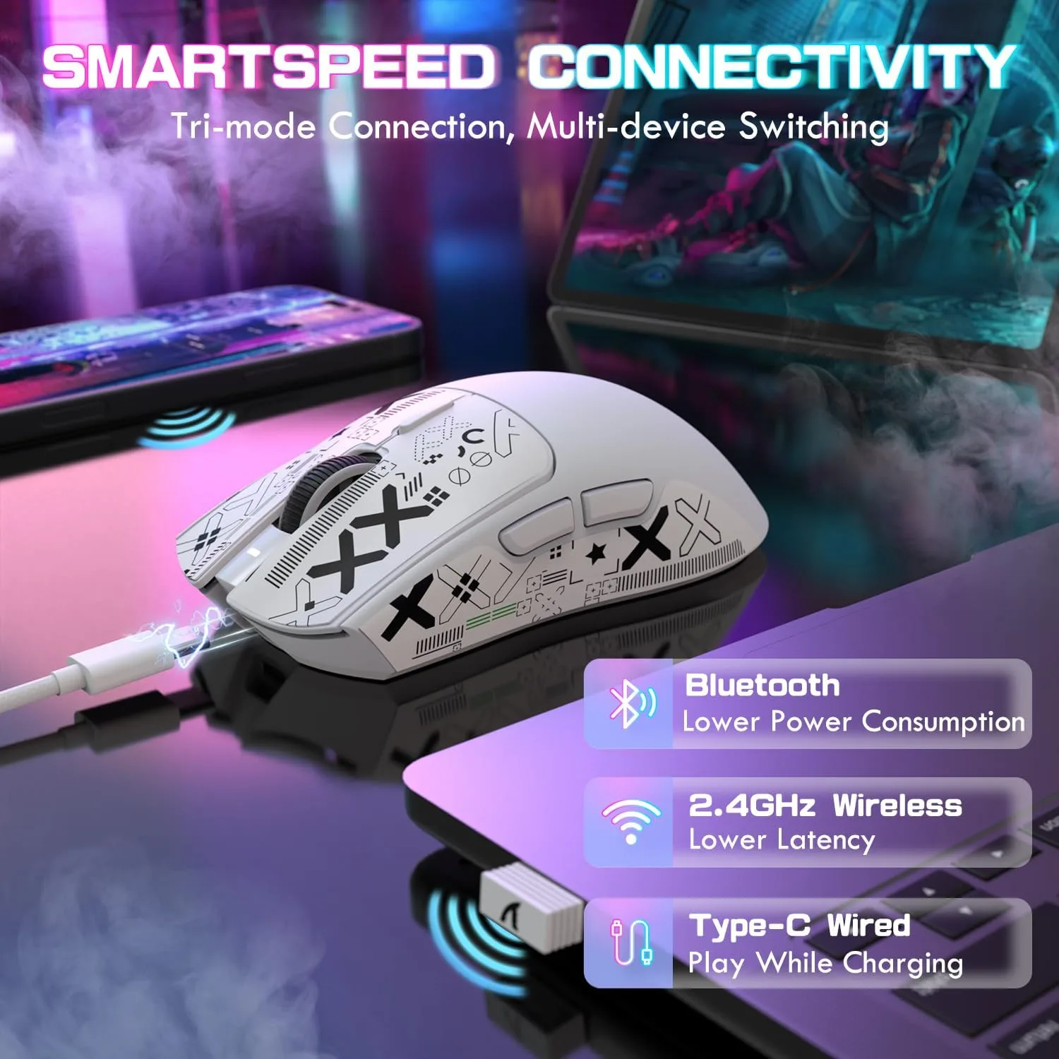 ATTACK SHARK X1 Ultralight Tri Mode Wireless 40000 DPI Gaming Mouse-White