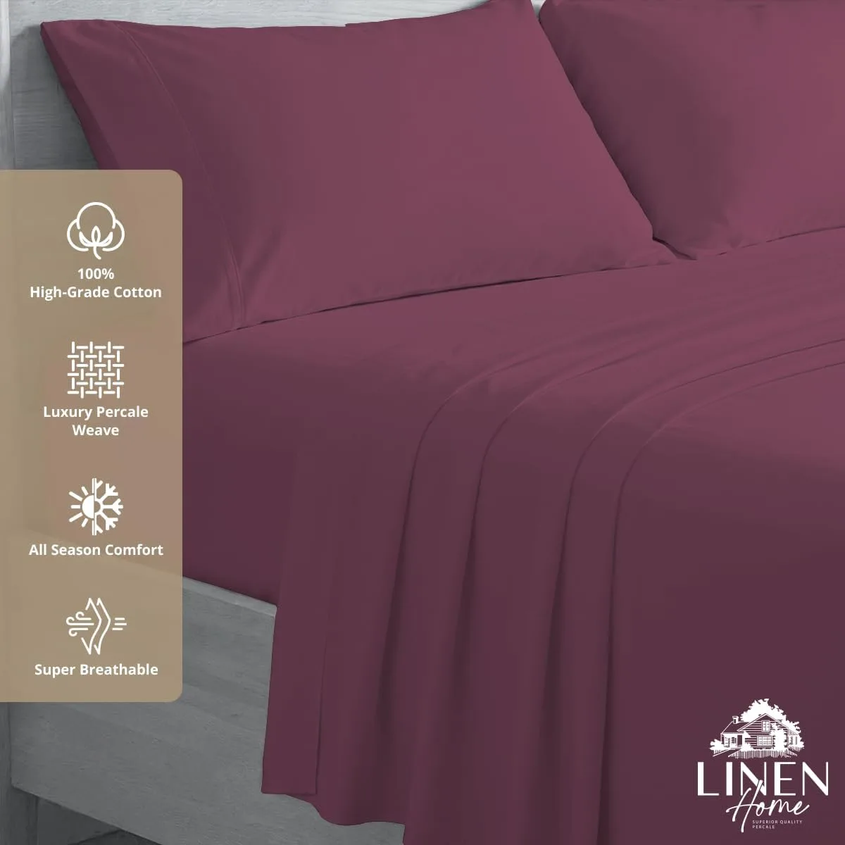 Linen Home 100% Cotton Percale King Sheets, 4Pc Cooling Set - Damson Berry