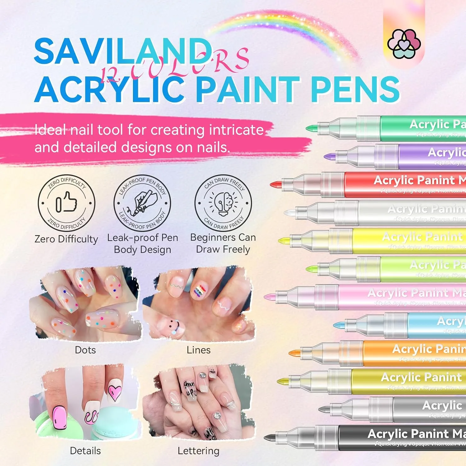 SAVILAND 12 Colors Nail Art Pens Set, 0.7mm Fine Tip Nail Polish Pens