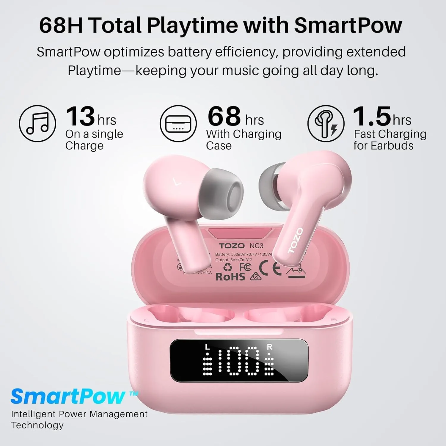 TOZO Hybrid Active Noise Cancelling in Ear Wireless Earbuds, 68H Playtime