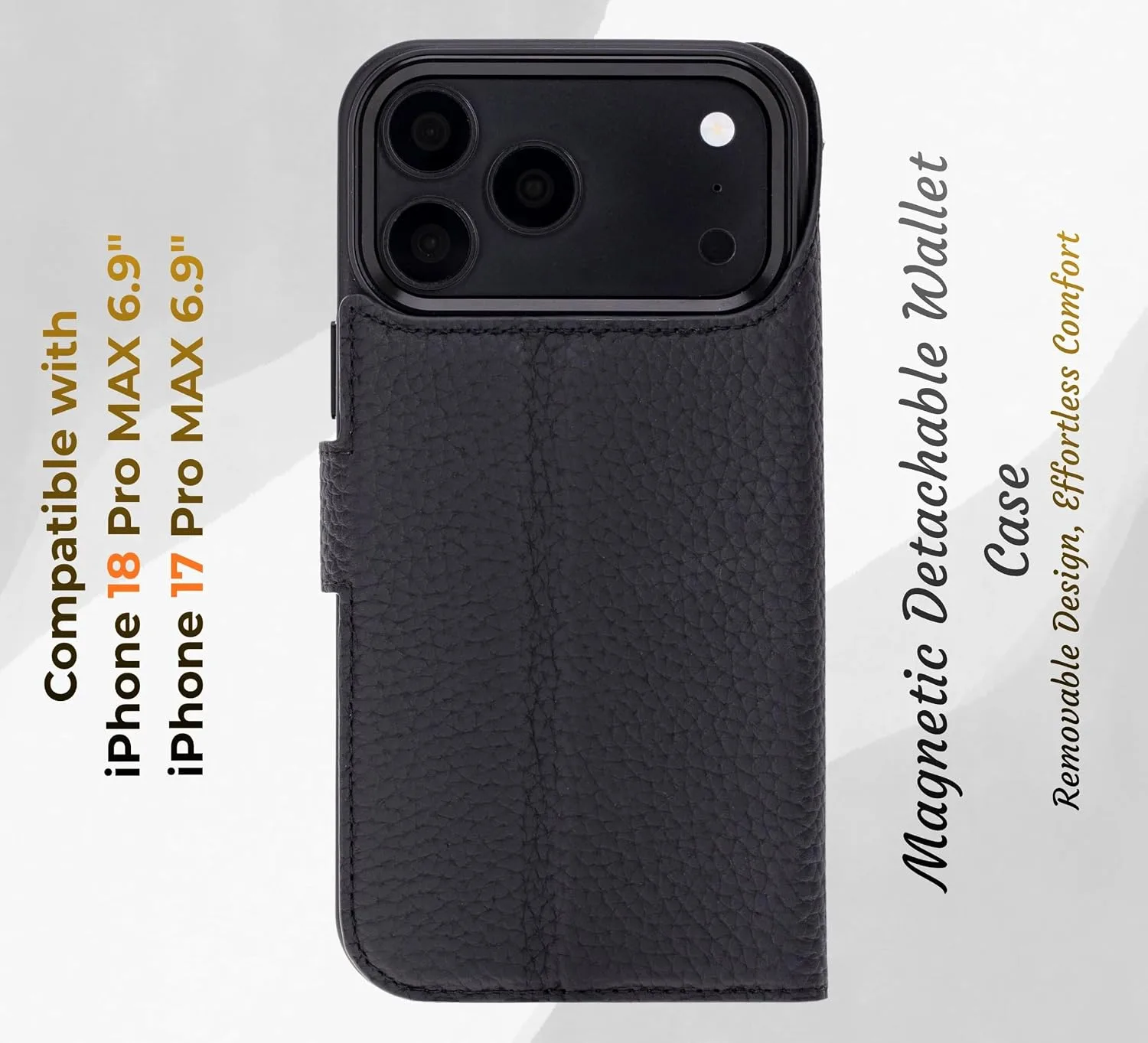 VENOULT Pebble Black Wallet Case for iPhone 18 Pro MAX, Full Grain Leather