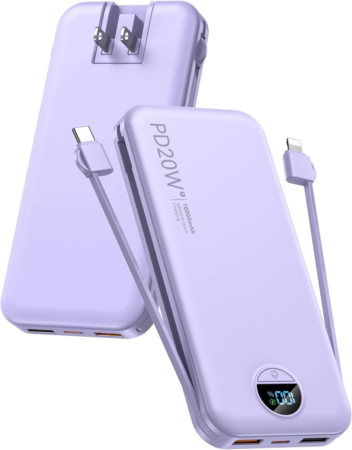 citicr Portable Charger 10000mAh PD20W w/Built-in Cables & Wall Plug Purple
