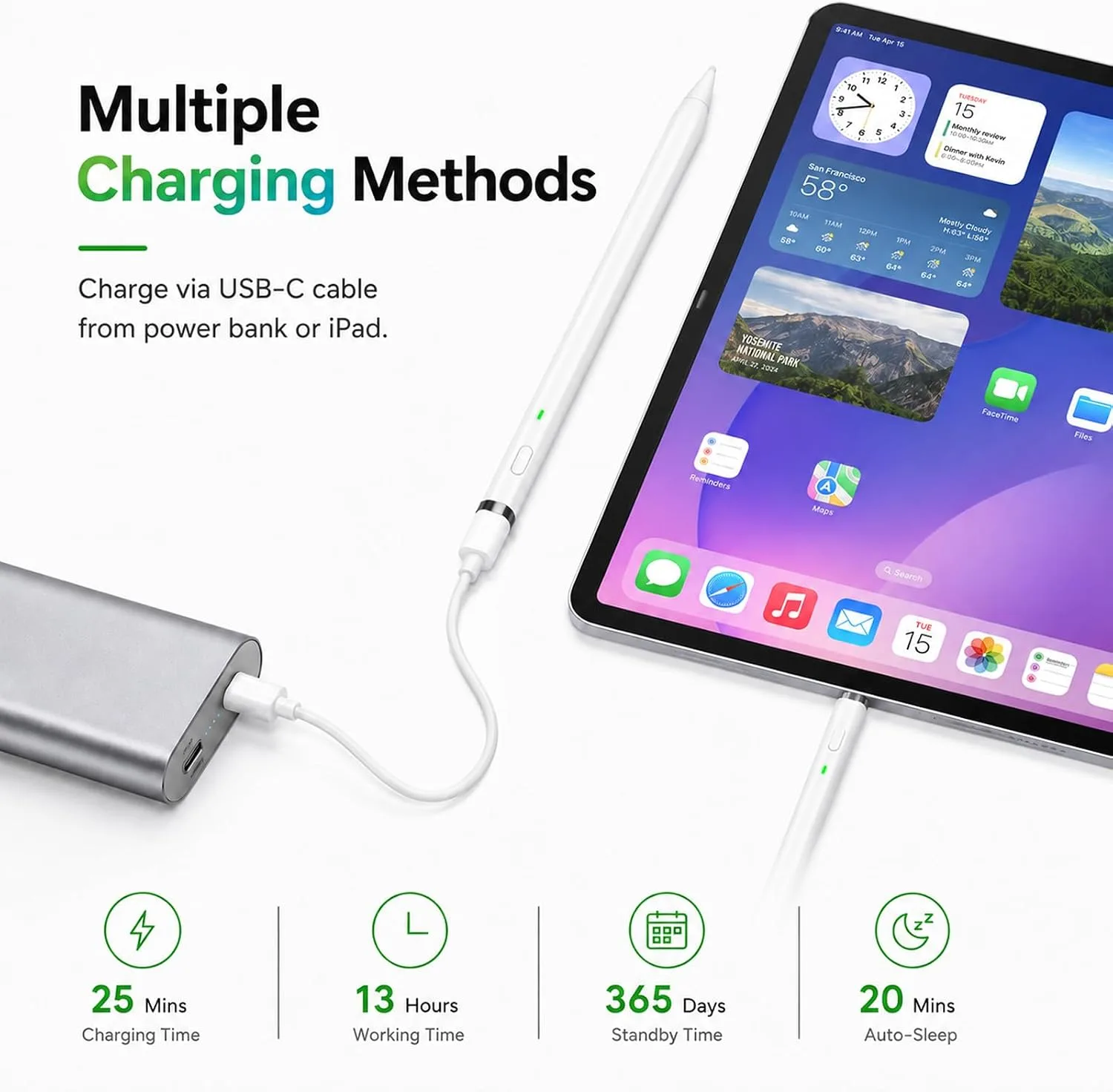 KIROSA Pencil 1st Generation for Apple iPad 2018-2026, USB-C Fast Charging