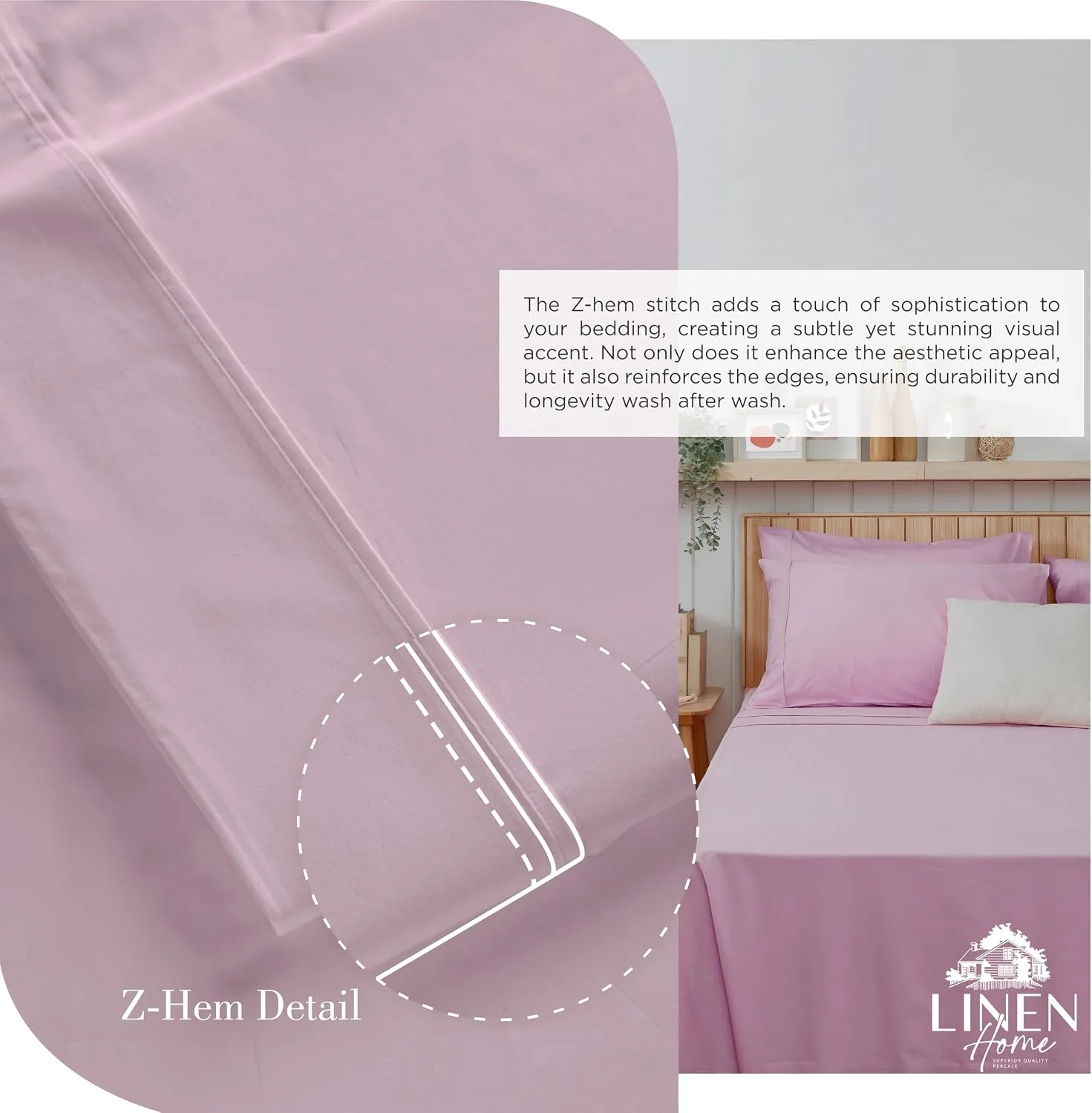 Linen Home 100% Cotton Percale King Sheets 4Pc Cooling Set Mauve Lavender
