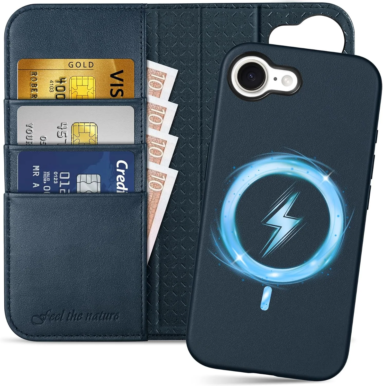 SHIELDON 2 in 1 Genuine Leather Wallet Case for iPhone 17e 6.1", Navy Blue