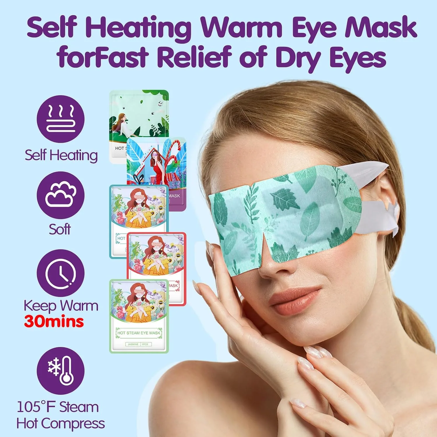 60 Pcs Self Heating Steam Eye Masks Disposable Heated Mask Bulk Individually Wrapped Warm Compress for Dry Eyes, Sleep, Travel, Spa and Relaxation (Multi Scent)
