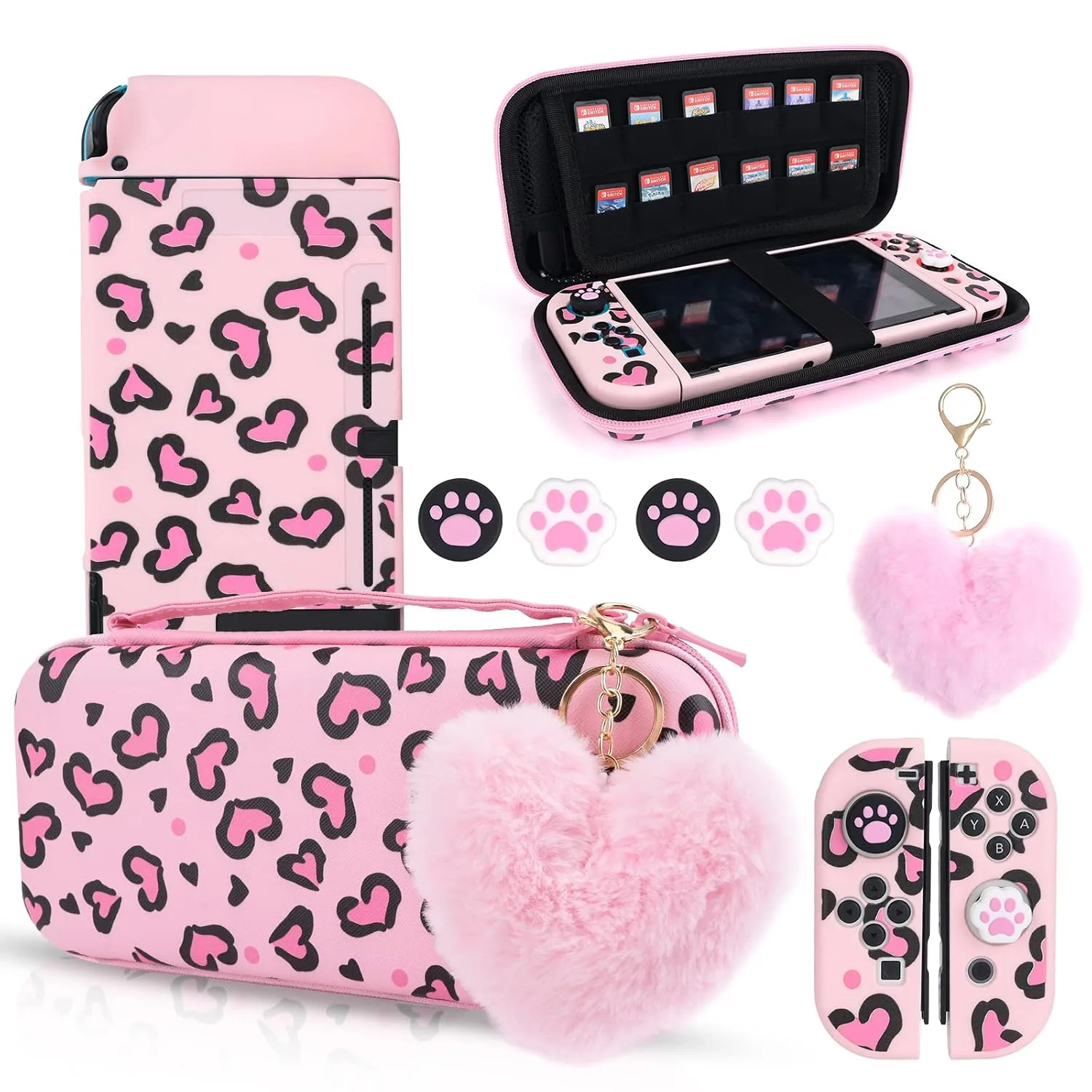 DLseego Pink Love Leopard Carrying Case for Switch, Cute Silicone Protective Shell Soft Cover with 4PCS Thumb Grip Caps and Pink Plush Heart Pendant Hard Storage Case Accessories Kit Bundle for Girls