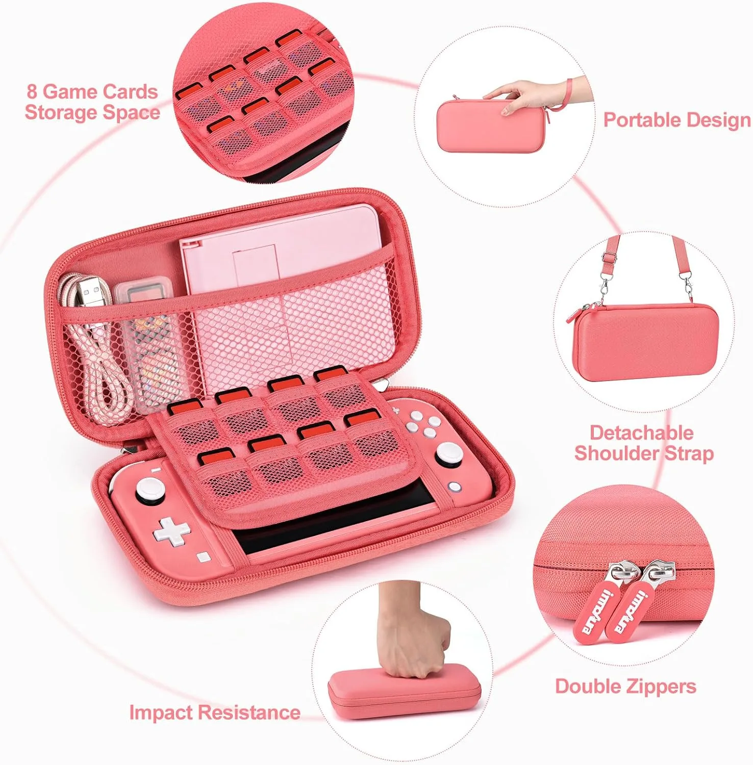 innoAura Switch Lite Case 18-in-1 Accessories Bundle for NS Switch Lite (2019), with Protective Carrying Case, Game Holder, Screen Protector & Cute Thumb Grips, Coral