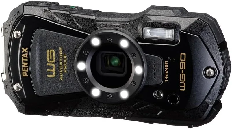 PENTAX WG-90 Black Waterproof Camera, Shockproof, Dustproof, Freezeproof, Built-in 6-LED Ring Light for Macro Photography, Underwater Shooting Mode