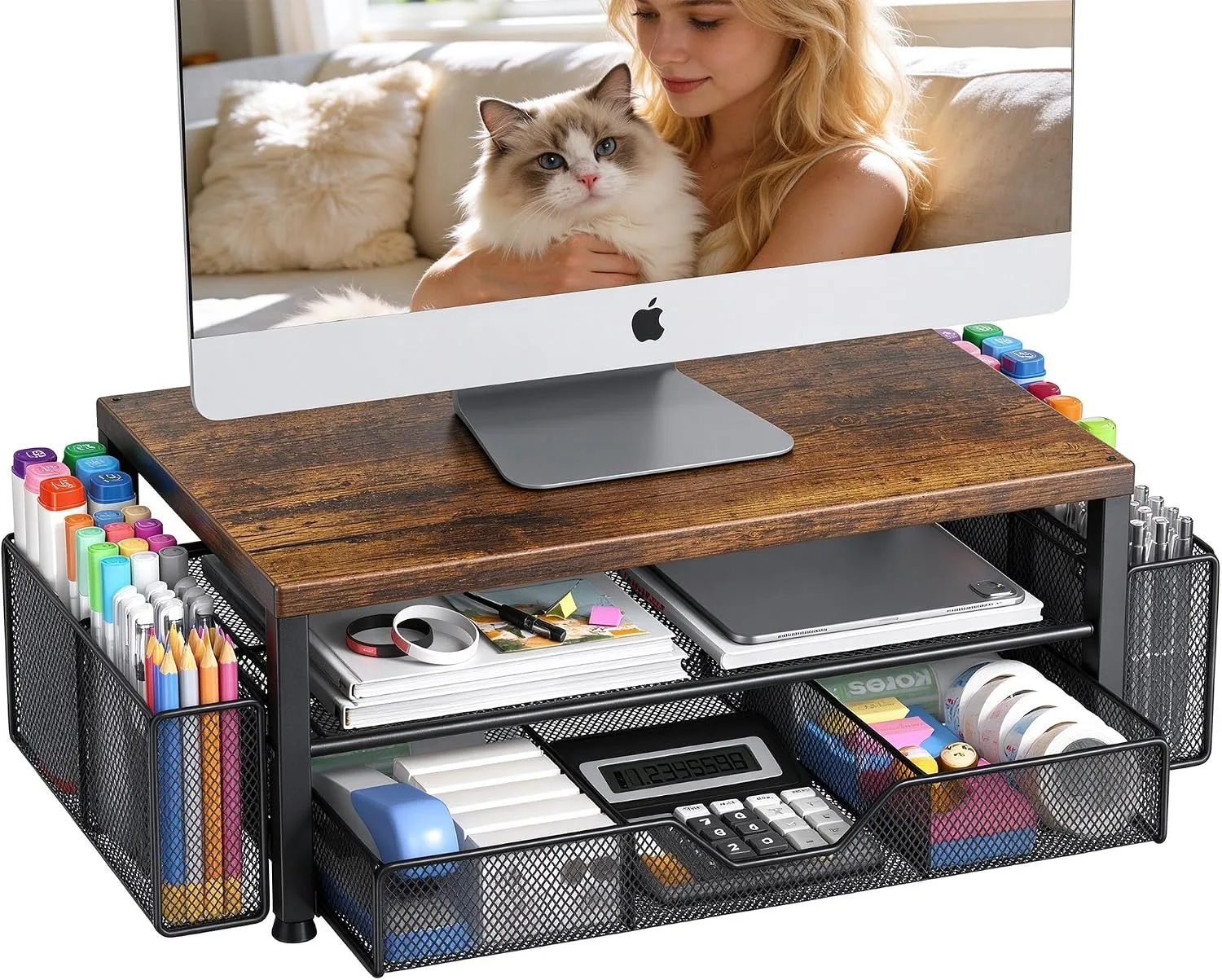OPNICE Desk Organizer, Monitor Stand Riser with Drawer and 2 Pen Holders