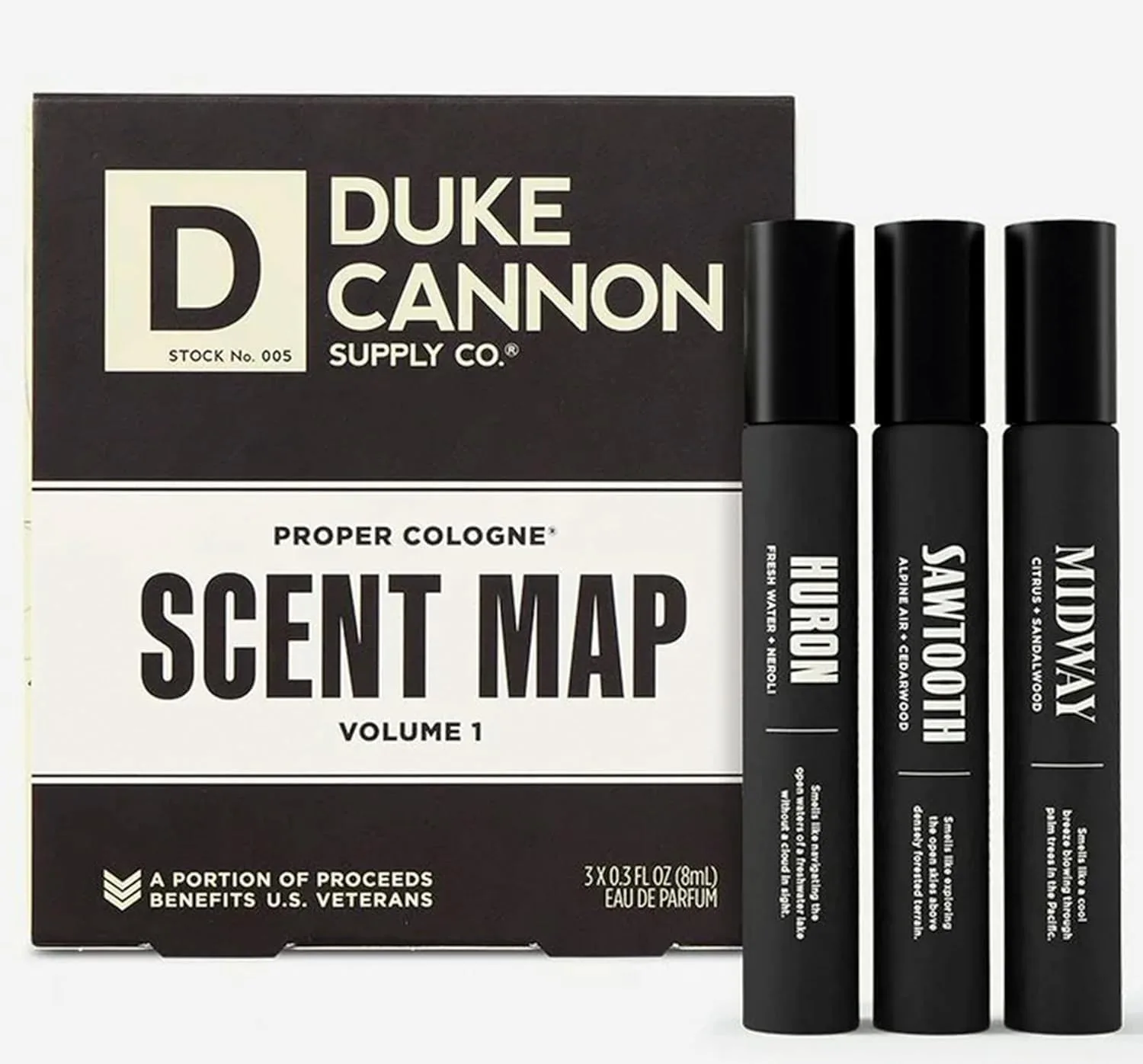 Duke Cannon Supply Co. Proper Cologne Sampler Scent Map - (3 Pack) 0.3 fl oz - Eau de Parfum Cologne for Men - Sawtooth, Huron + Midway Scents - Classic, Masculine Fragrances