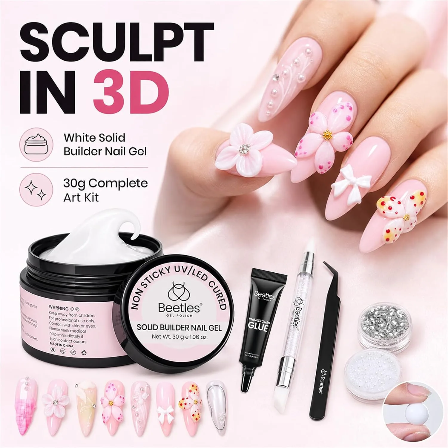 Beetles 3D Gel Nail Art, 30g White Solid Builder Nail Gel & Sculpting Pen