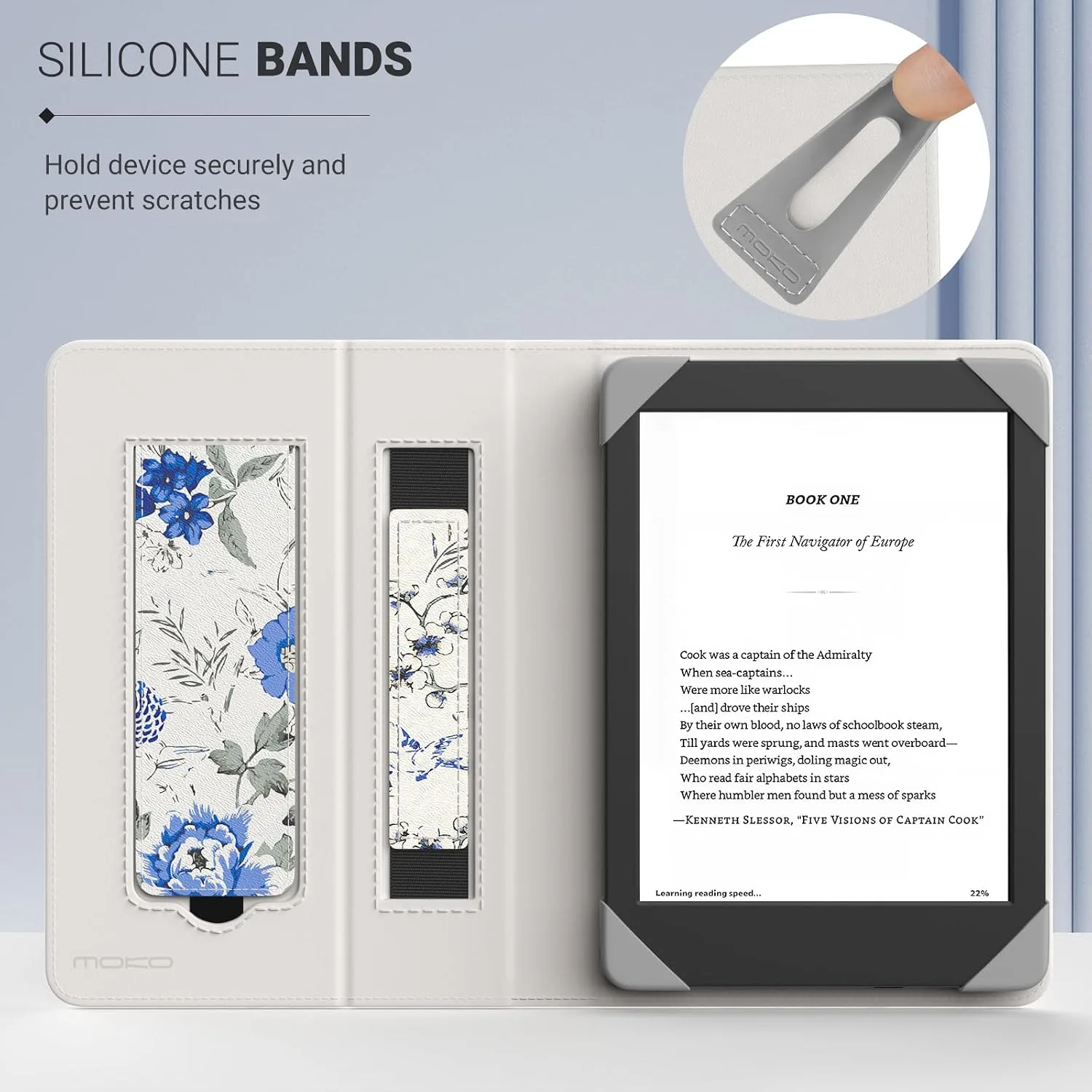 Moko Universal Case for 6 inch eReaders&Tablets, White Blue Floral