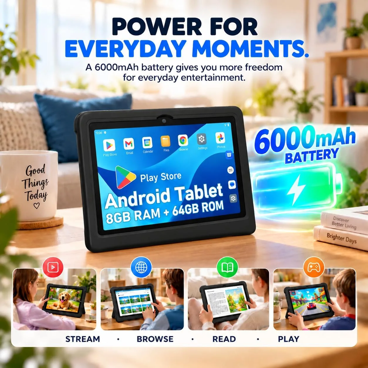 JREN
10.1"
Android
15
Tablet
with
Case,
64GB
Storage,Octa-Core
Black