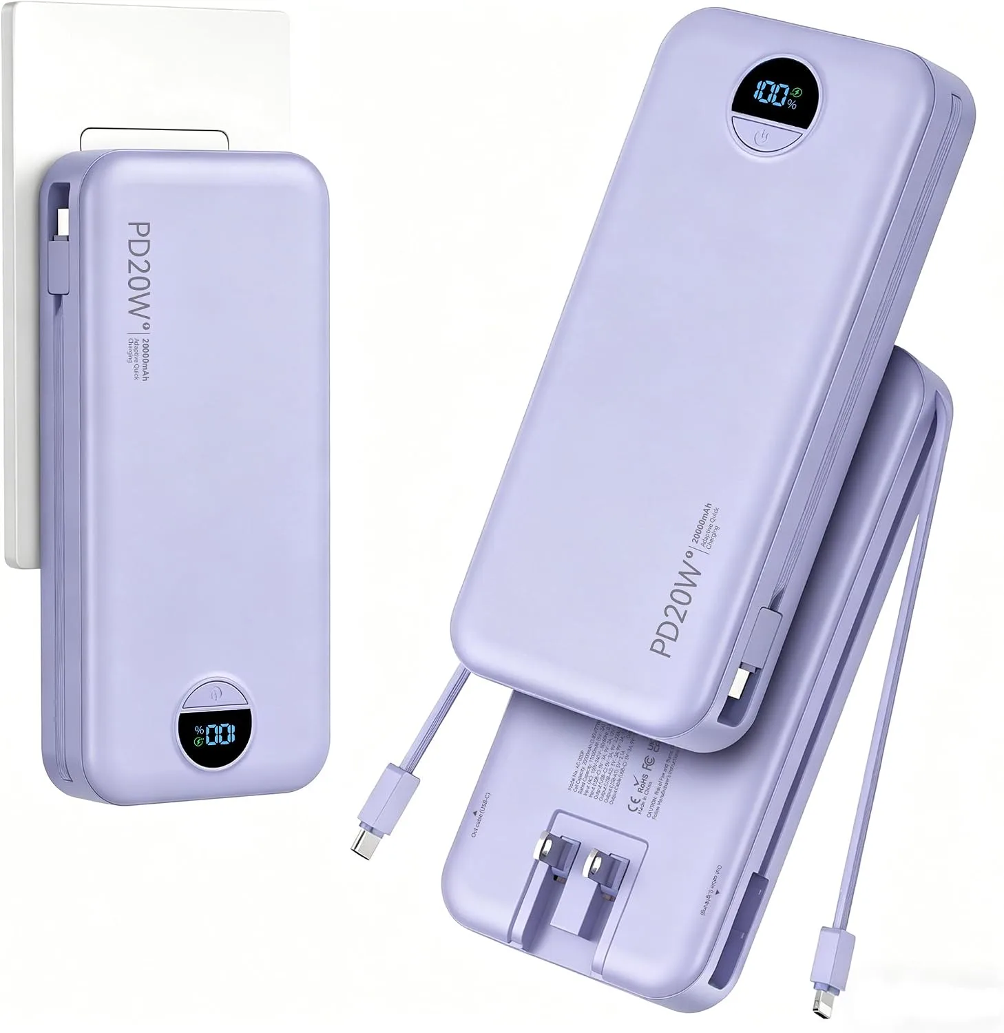 Portable Charger Power Bank 20000mAh with Built in Cables & Wall Plug