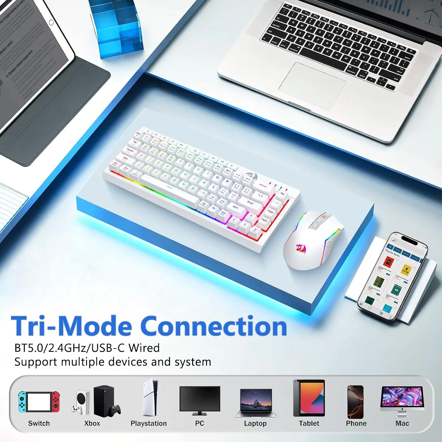 Redragon Wireless Gaming Keyboard and Mouse Combo 60% Portable, White
