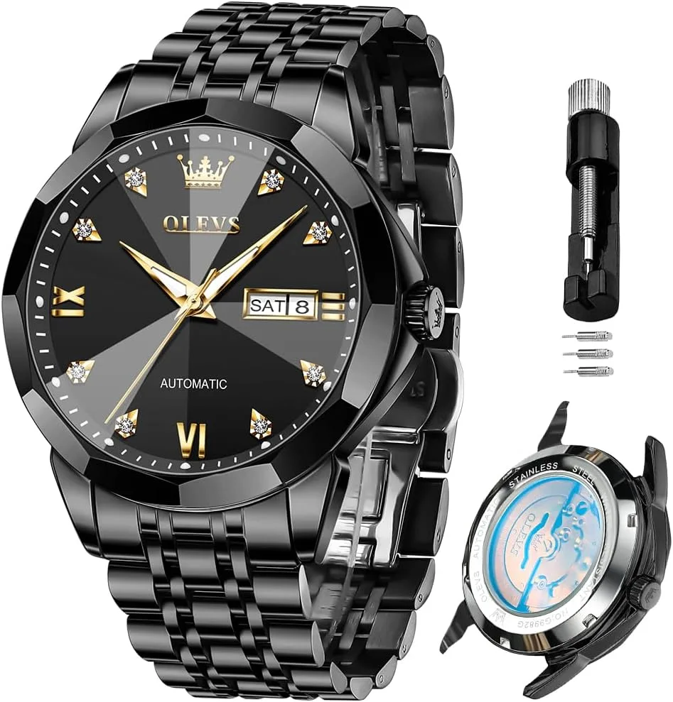 OLEVS Skeleton Men Watches Automatic Business Luxury Diamond Self Winding Watch for Men Stainless Steel Calendar Wrist Watch