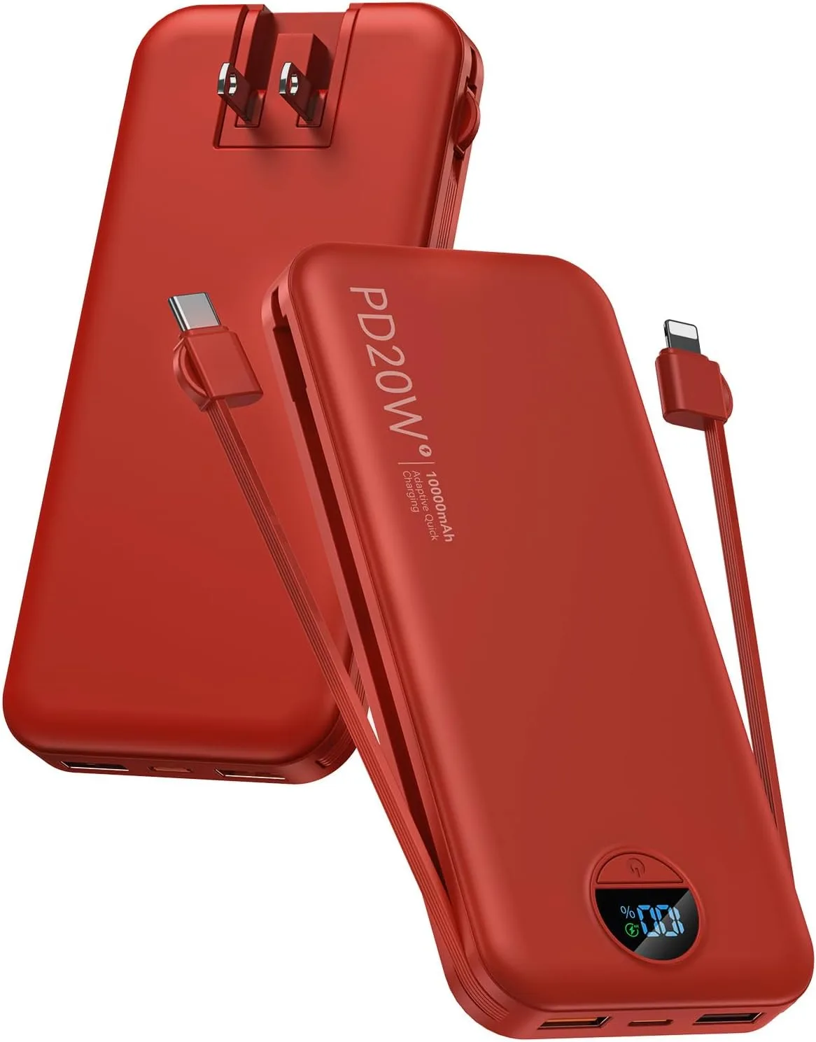 citicr Portable Charger 10000mAh PD20W w/Built-in Cables & Wall Plug Red