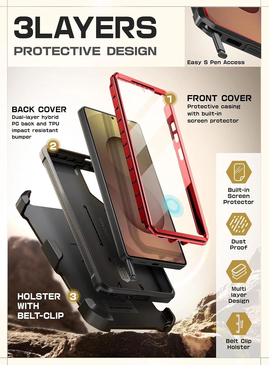 SUPCASE for Samsung Galaxy S25 Ultra Case with Screen Protector, Red