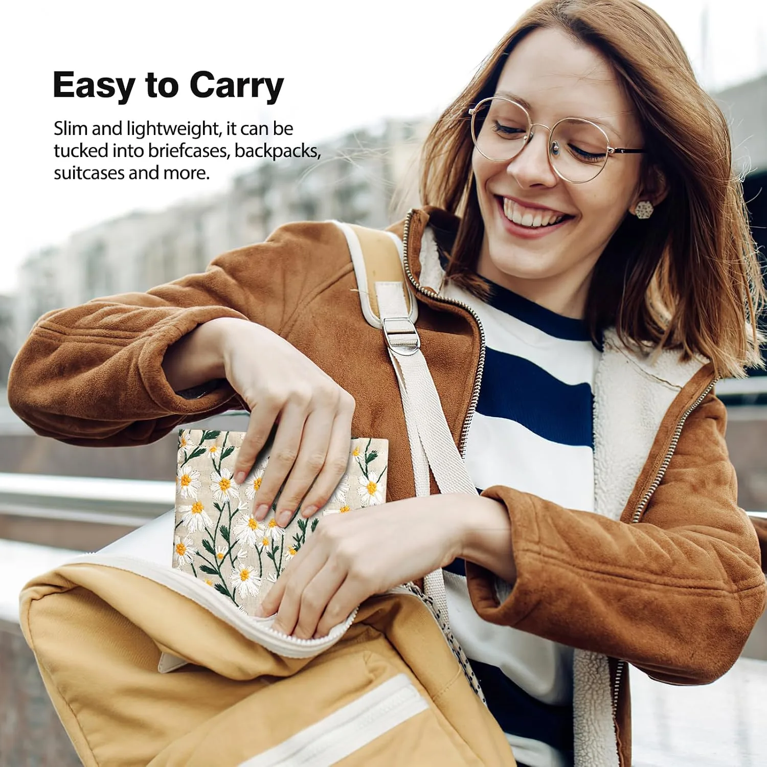 MoKo 6-7 Inch Embroidered Daisy Padded E-Reader Sleeve Zippered Bag with Back Pouch for Most 6/6.8/7 inch E-Reader, 6" Nook Glowligt 4, 6" Kobo Clara BW/Clara Colour, Beige