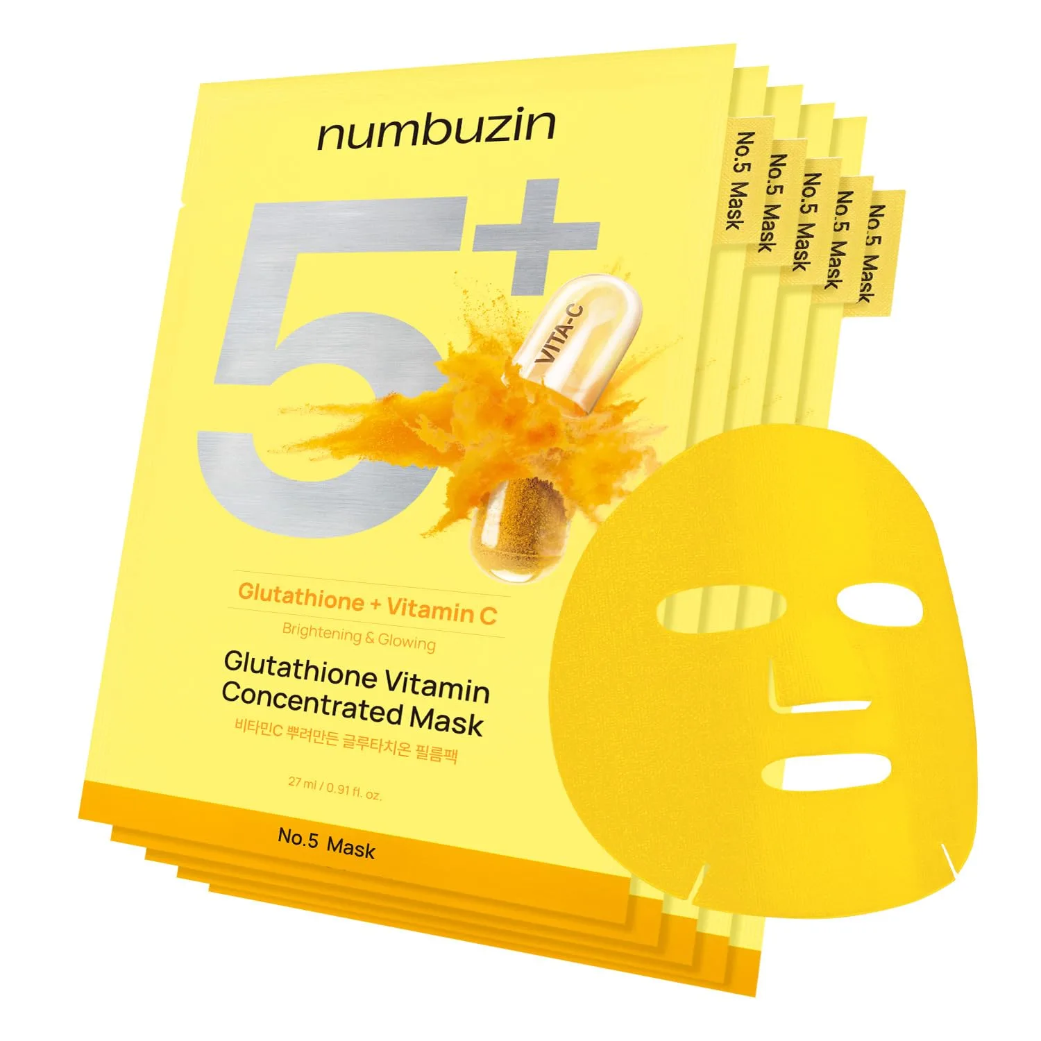 numbuzin No.5 Sheet Mask | Vitamin Spotlight Sheet Mask | Glutathione and Vitamin C | Reduces Hyperpigmentation, Improves Skin Complexion | Gentle and non-irritating | 5 sheet (Pack of 2)