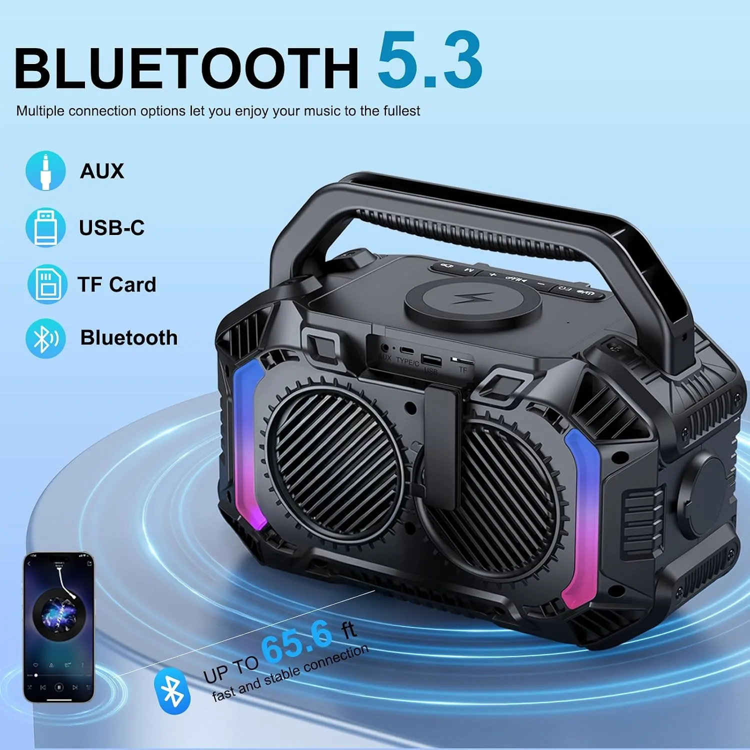 Speakers Bluetooth Wireless, 100W Portable Bluetooth Speaker with Bass, IPX7 Waterproof & Floatable, 20H Playtime, RGB Light, Loud Speakers with TWS for Work, Outdoor, Garage(L-Black)