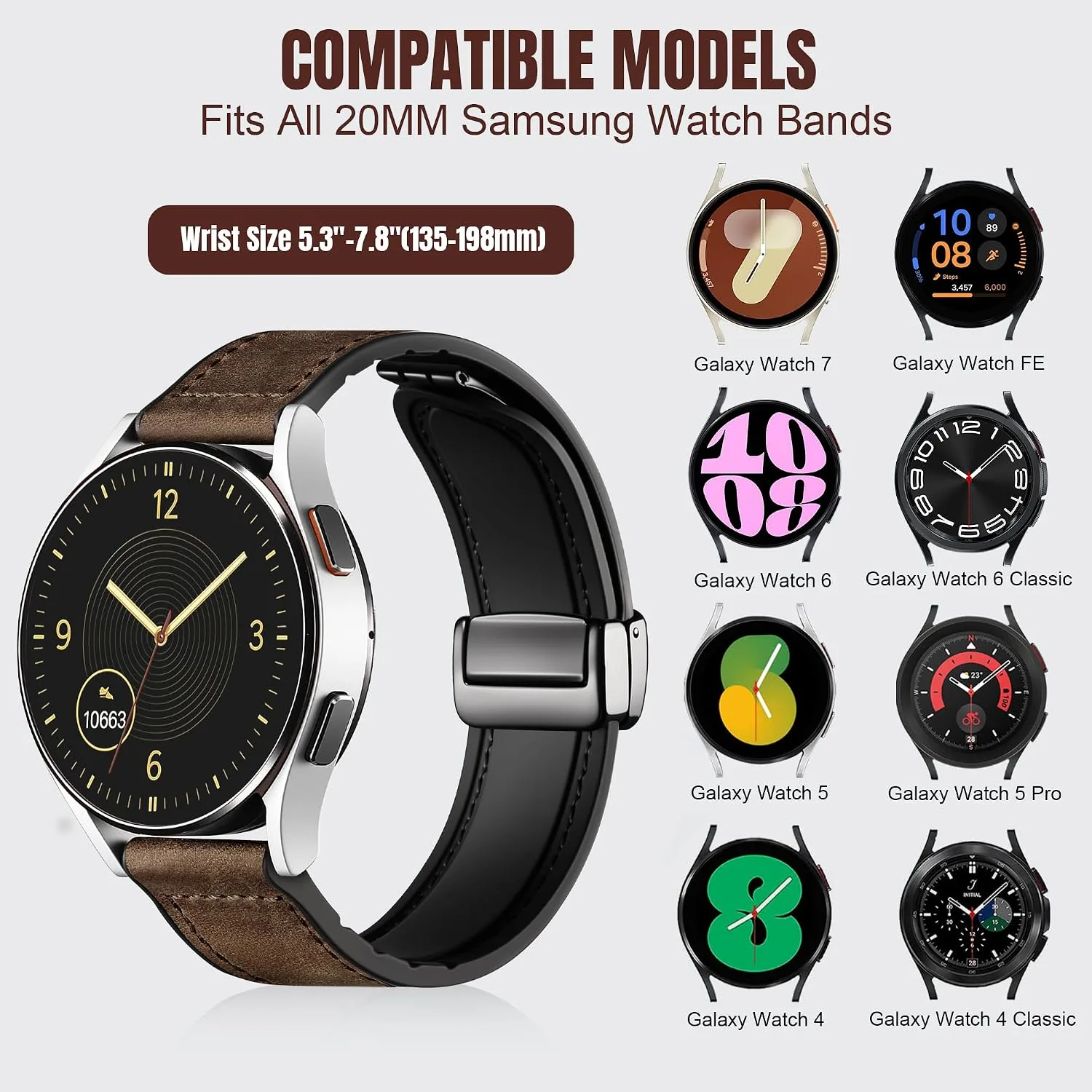 Charlam Magnetic Leather Bands Compatible with Samsung Galaxy Watch 7 Band 6 5 4 FE Active 2 40mm 44mm/Watch 6/4 Classic/Watch 5 Pro/3, 20mm Genuine Leather Straps for Samsung Watch Bands Men Women