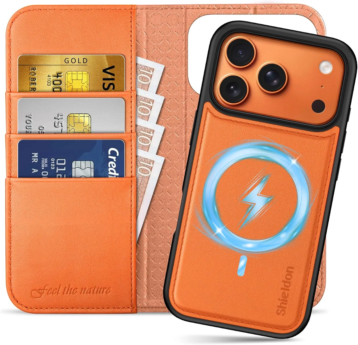 SHIELDON Removable Leather Wallet Case for iPhone 18 Pro/17 Pro, Orange