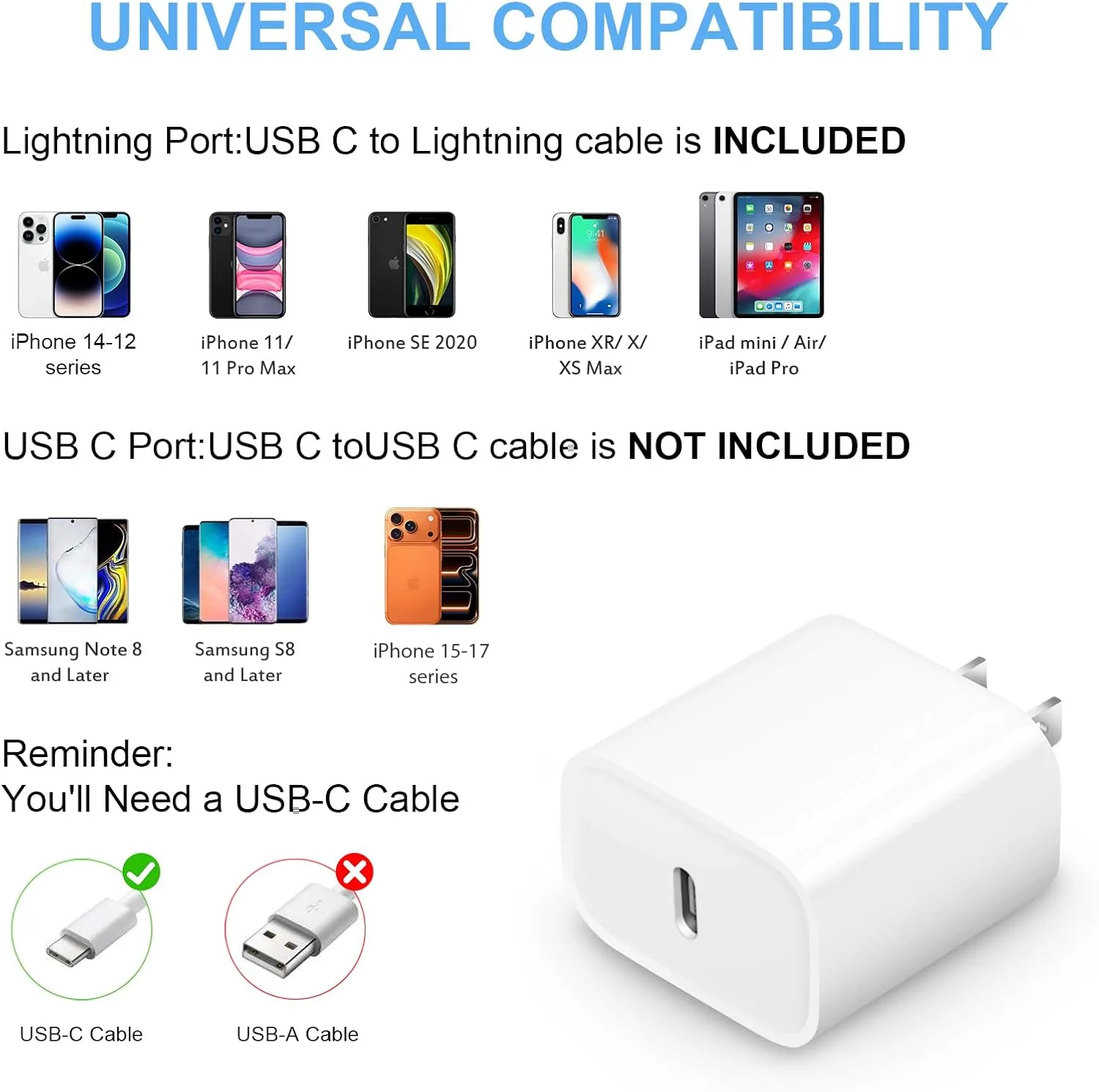 iPhone Fast Charger 3+3Pack 20W USB C Wall Charger with Extra Long 10FT Fast Charging Cable Compatible with iPhone 14/13/12/11/Pro/Pro Max