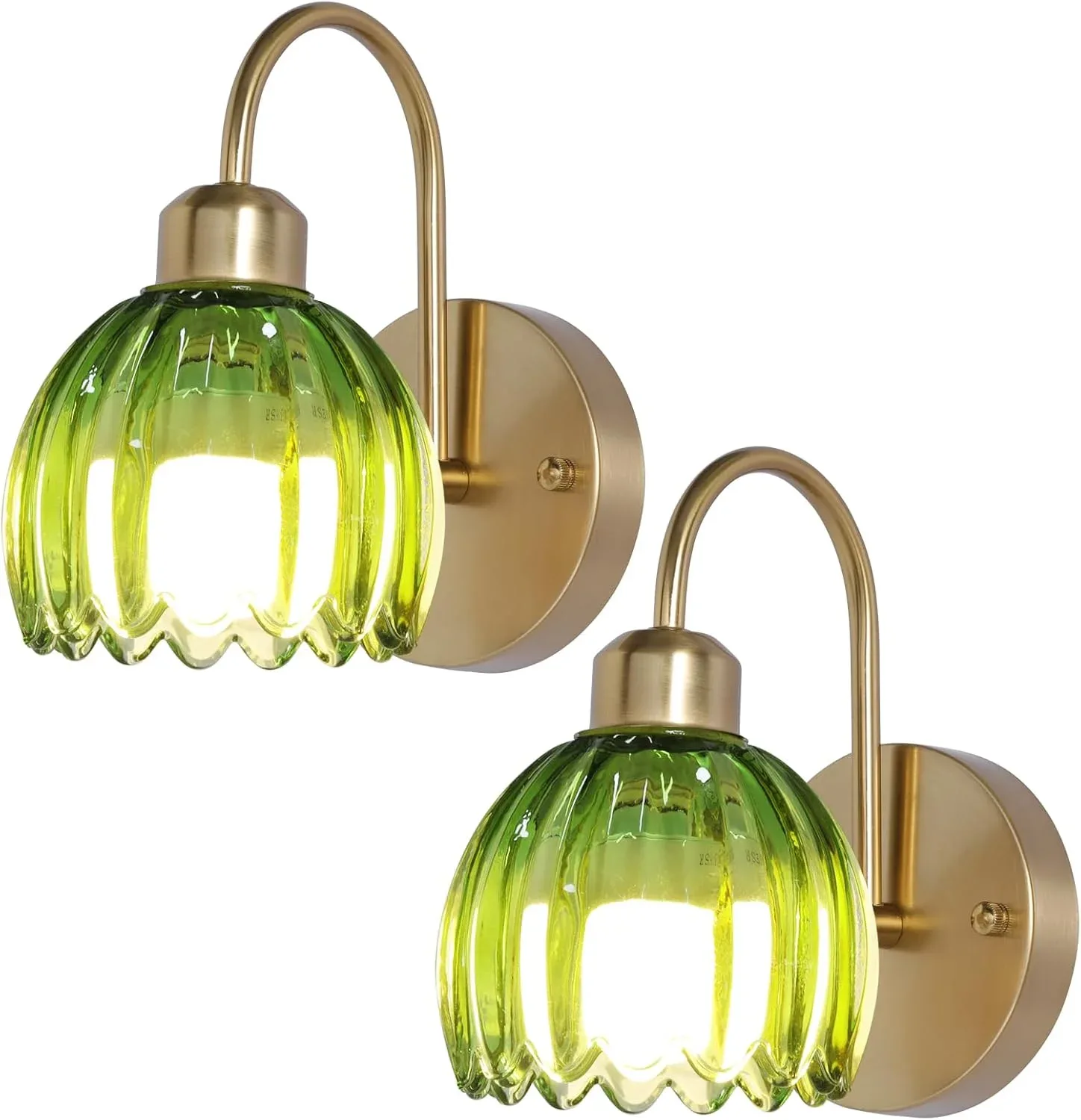 HMLUESR Rechargeable Battery Operated Sconces Wall Decor Set of 2,Vintage Green Tulip Glass Lampshade Cordless Battery Powered Wall Lamp for Bedroom Living Room Kitchen